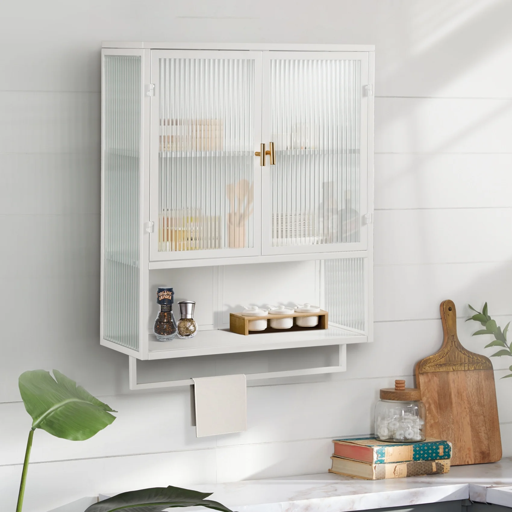 Two-door Wall Cabinet, Modern Kitchen Wall Mounted Cabinet with 2 Glass Doors, Two-tier Enclosed Storage, an Open Shelf, Towel Rack, Metal Wall Cabinet for Entryway, Living Room, Bathroom, White - Image 2