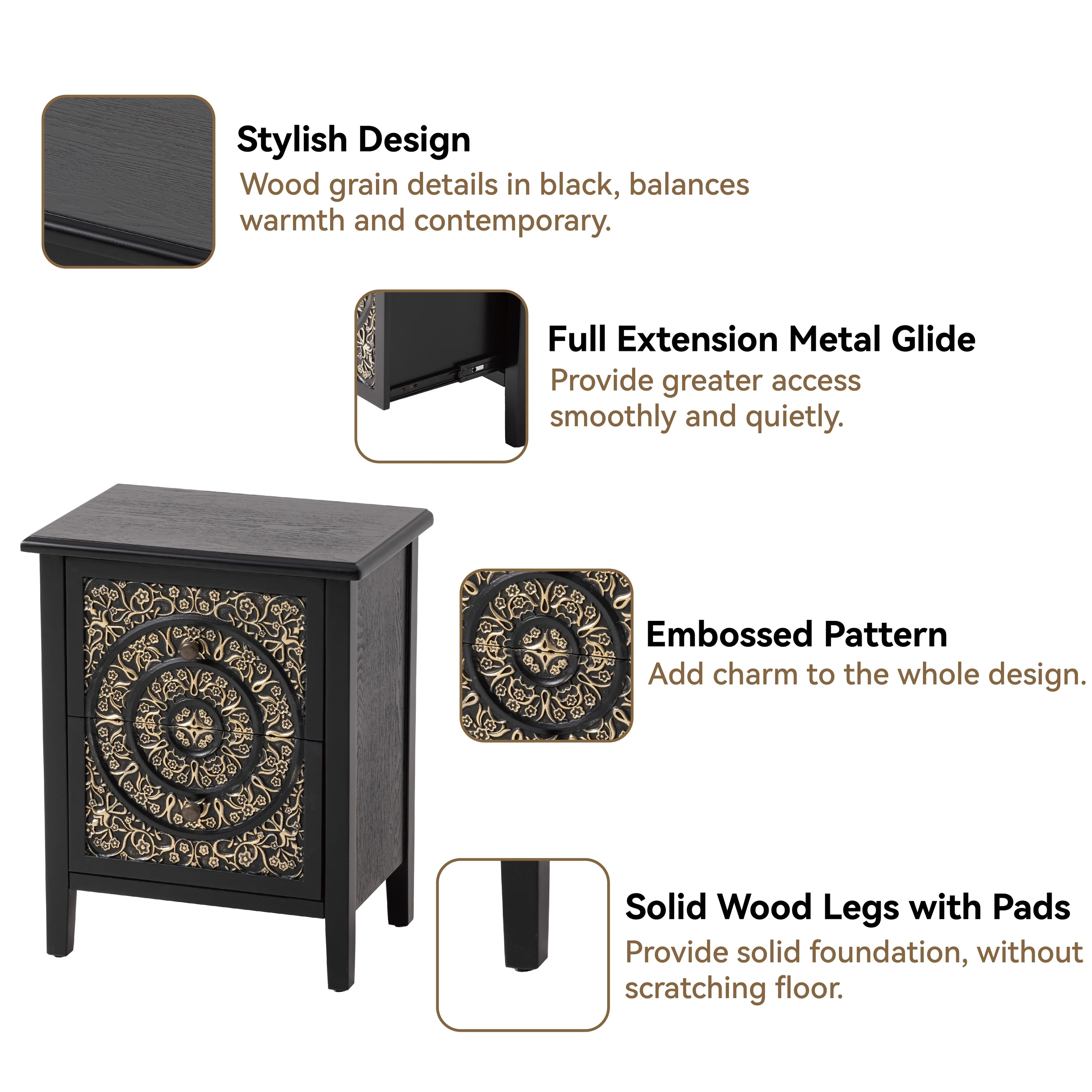 Farmhouse Fully Assembled Nightstand with 2 Drawers, Flower Motif End Table for Small Spaces - Image 17