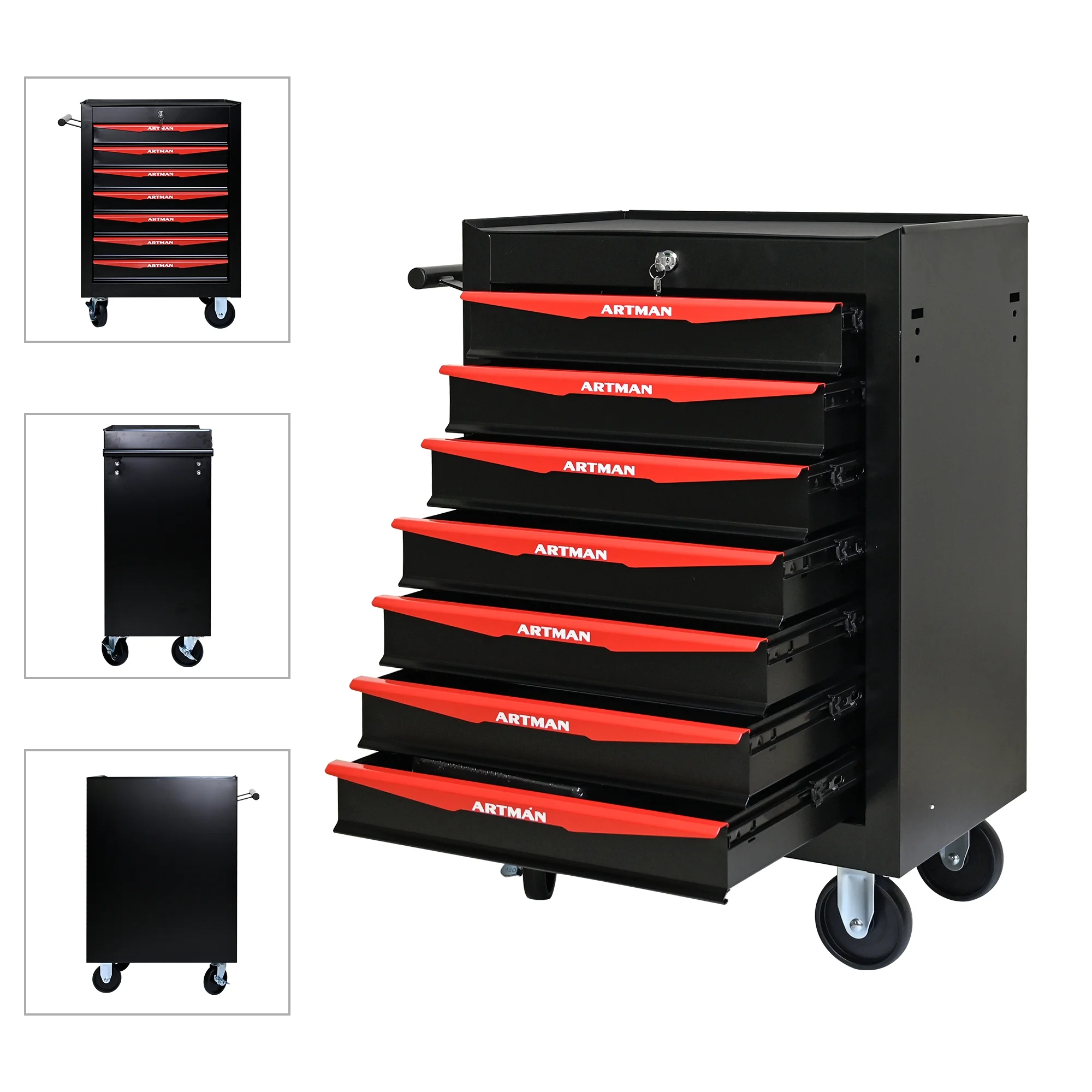 Tool Cabinets Rolling Metal Tool Chest with 7 Drawers, 20" 7-Drawer Tool Chest Cabinet with Ball Bearing Drawer Slides, Steel Tool Storage Box Organizer -BLACK&RED,Garage Tool Cabinets - Image 4