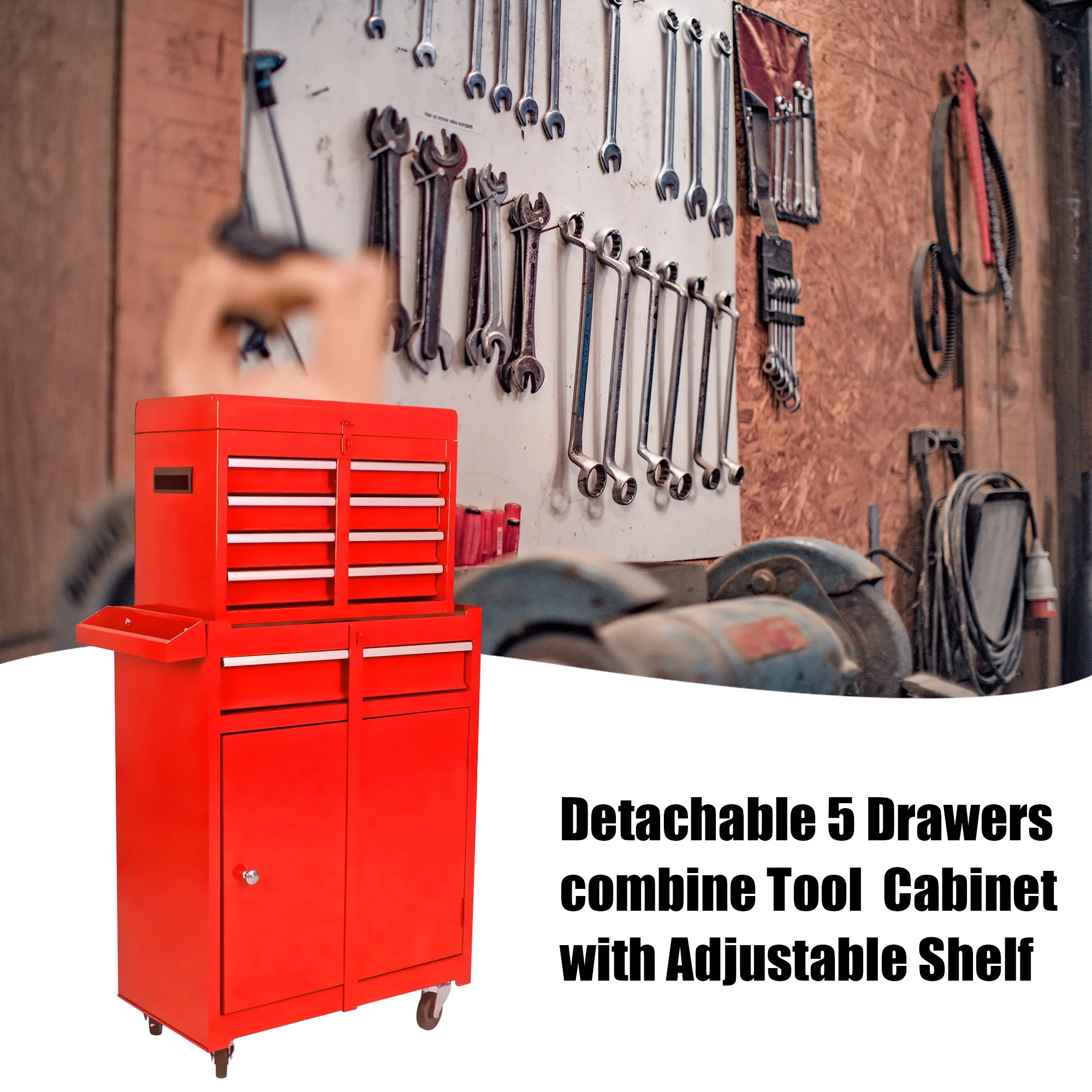 5-Drawer Rolling Tool Chest & Removable Tool Box with Locking System, Tool Box Organizer with 4 Wheels&Hooks, Large Capacity Garage Storage Cabinet for Warehouse and Repair Shop, Orange - Image 11