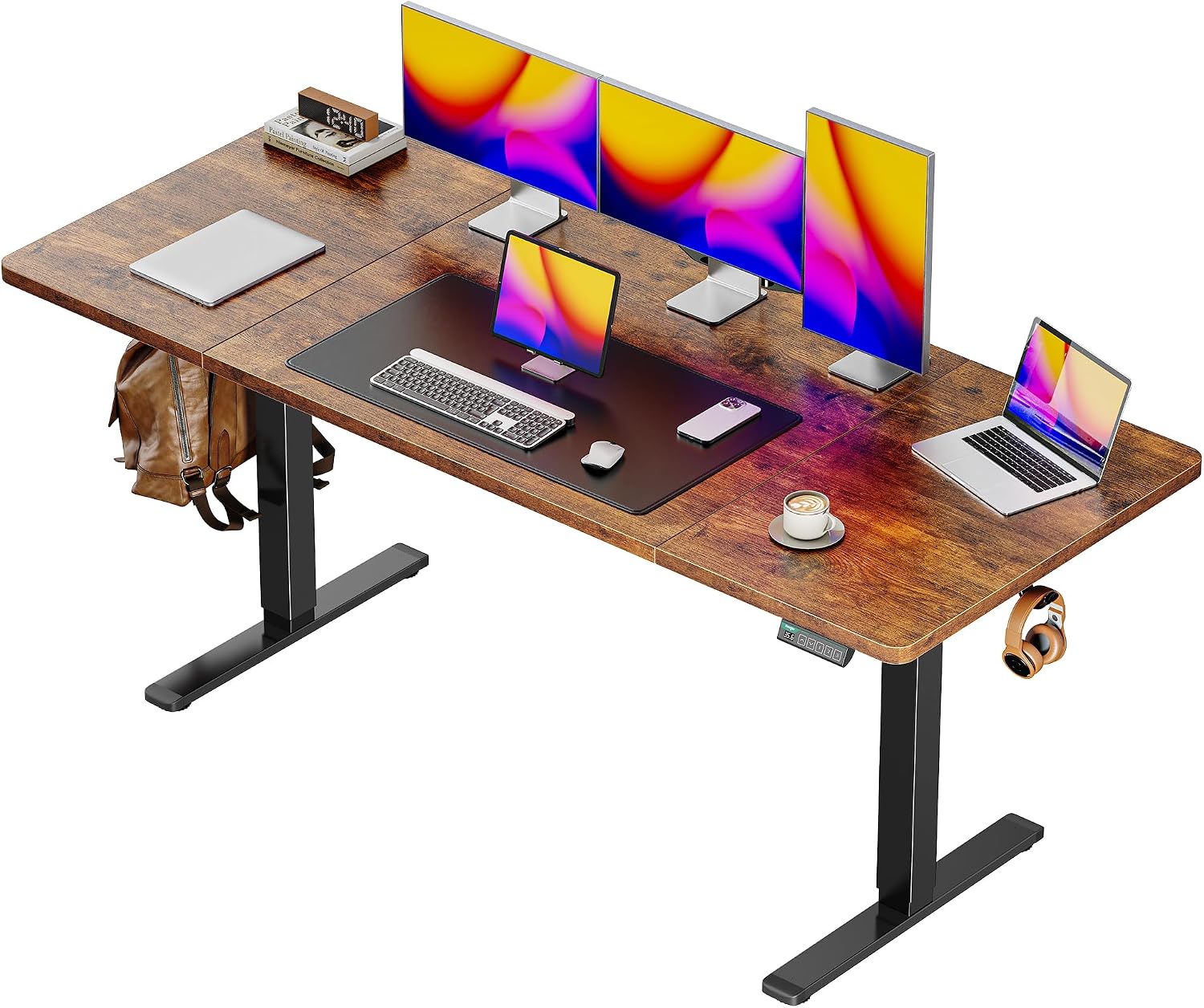 55 x 28 Large Electric Standing Desk, Height Adjustable Computer Desk, 27.6" Deep Desktop, Stand up Gaming Office Desk with 2 Hooks, 3 Preset Heights, for Home Office, Rustic Brown - Image 22