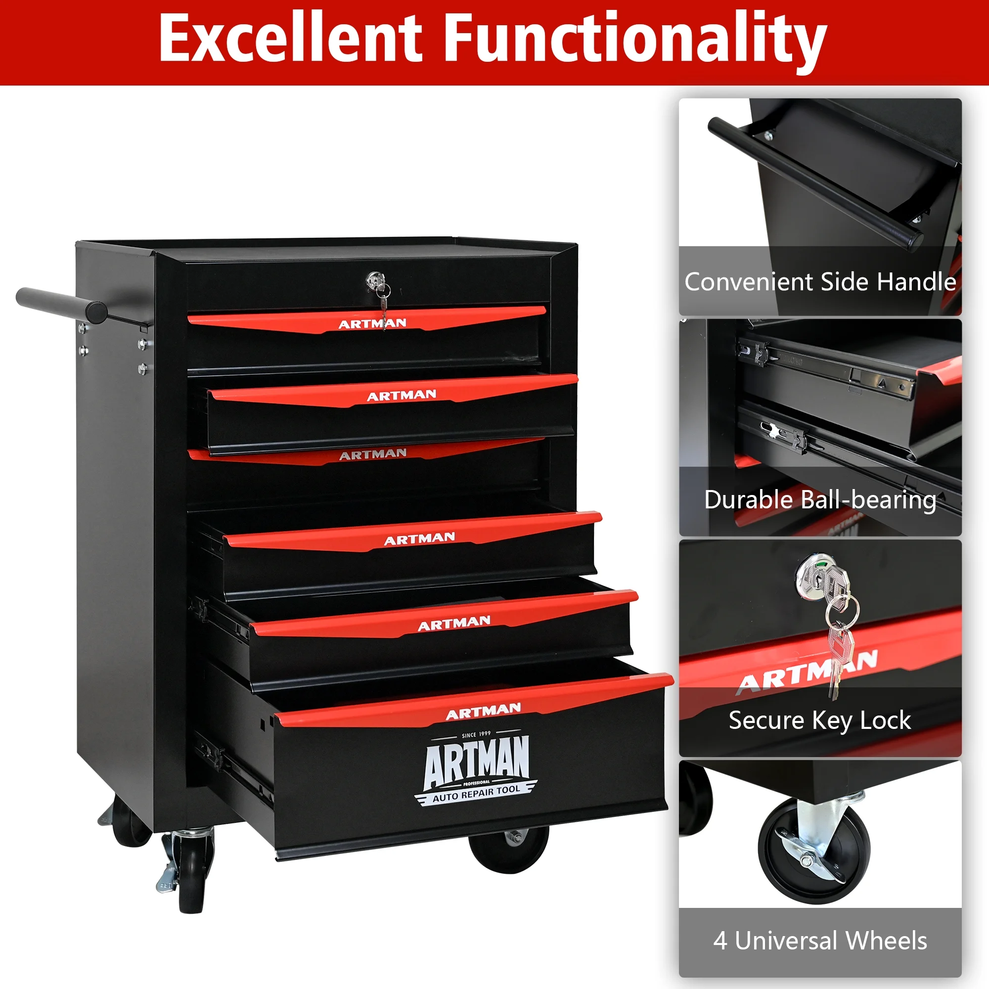 ARTMAN 20" 5-Drawer Rolling Metal Tool Chest Cabinet,Steel Tool Storage Box Organizer for Garage Workshop Warehouse - Image 42