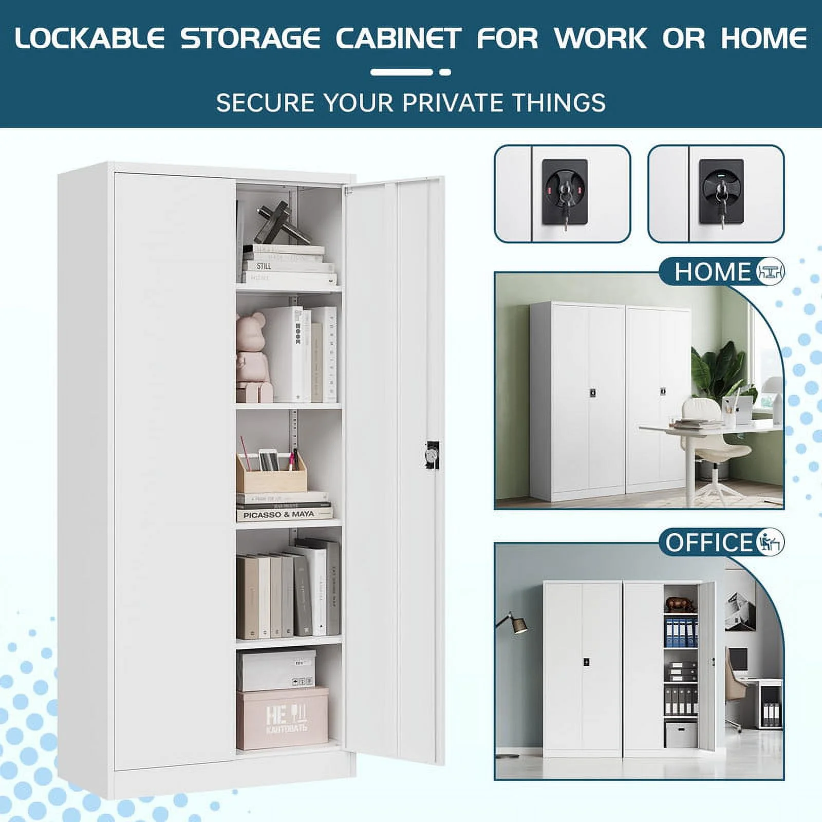 MIIIKO 71" Metal Storage Locker Metal Garage Locker Cabinets with Locking Door and 4 Adjustable Shelves, Steel Classic Storage Cabinet for Home, School, Office, Garage - Image 2