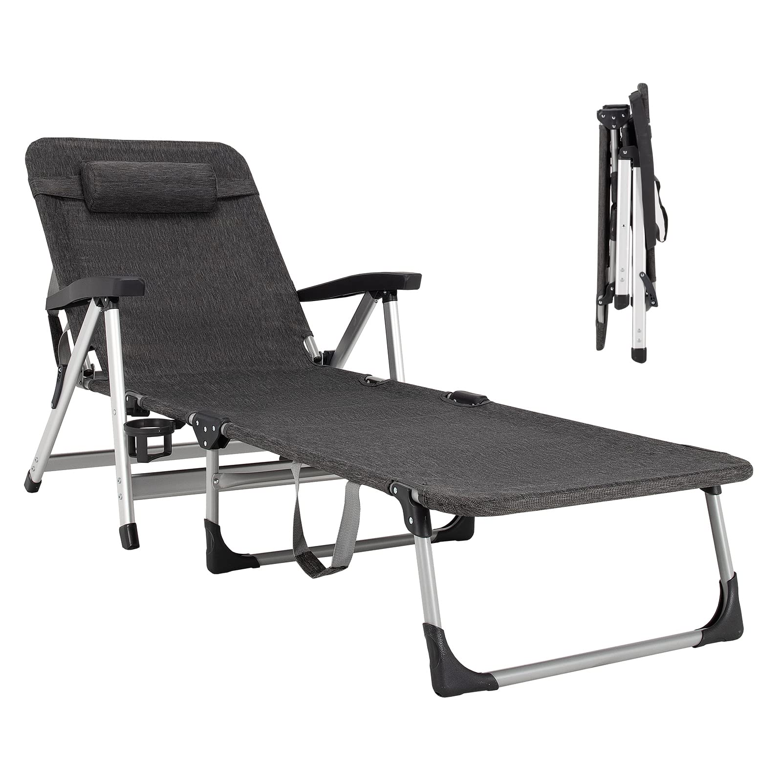 Folding Outdoor Chaise Lounge Chair with Cup Holder and Detachable Headrest