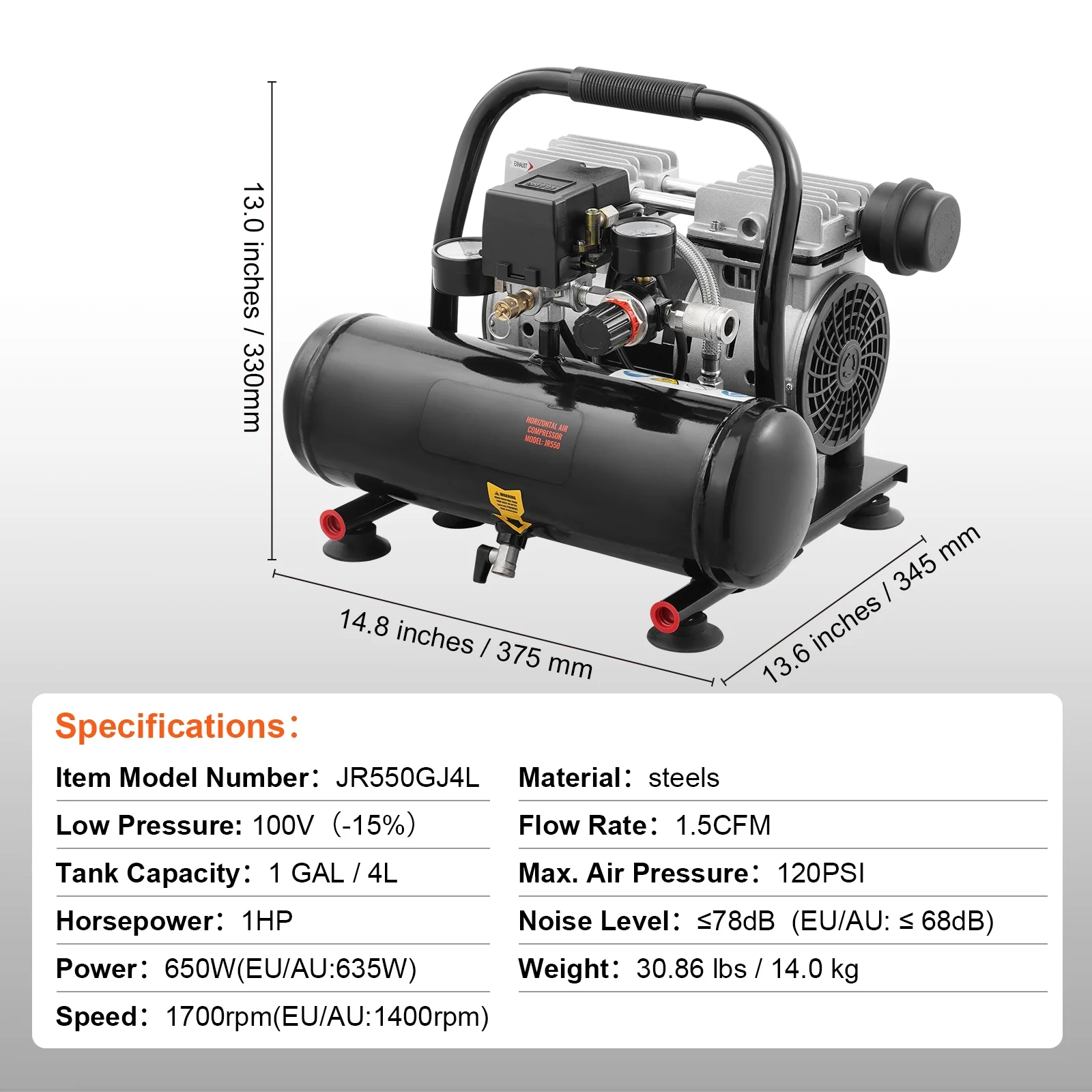 KFFKFF Air Compressor with 1 Gallon Steel Tank, 1HP, 1.5 CFM at 90PSI & Max Pressure of 120PSI, Oil-Free Operation, 78dB Low Noise Level, Ideal for Automotive Maintenance, Tire Inflation - Image 5
