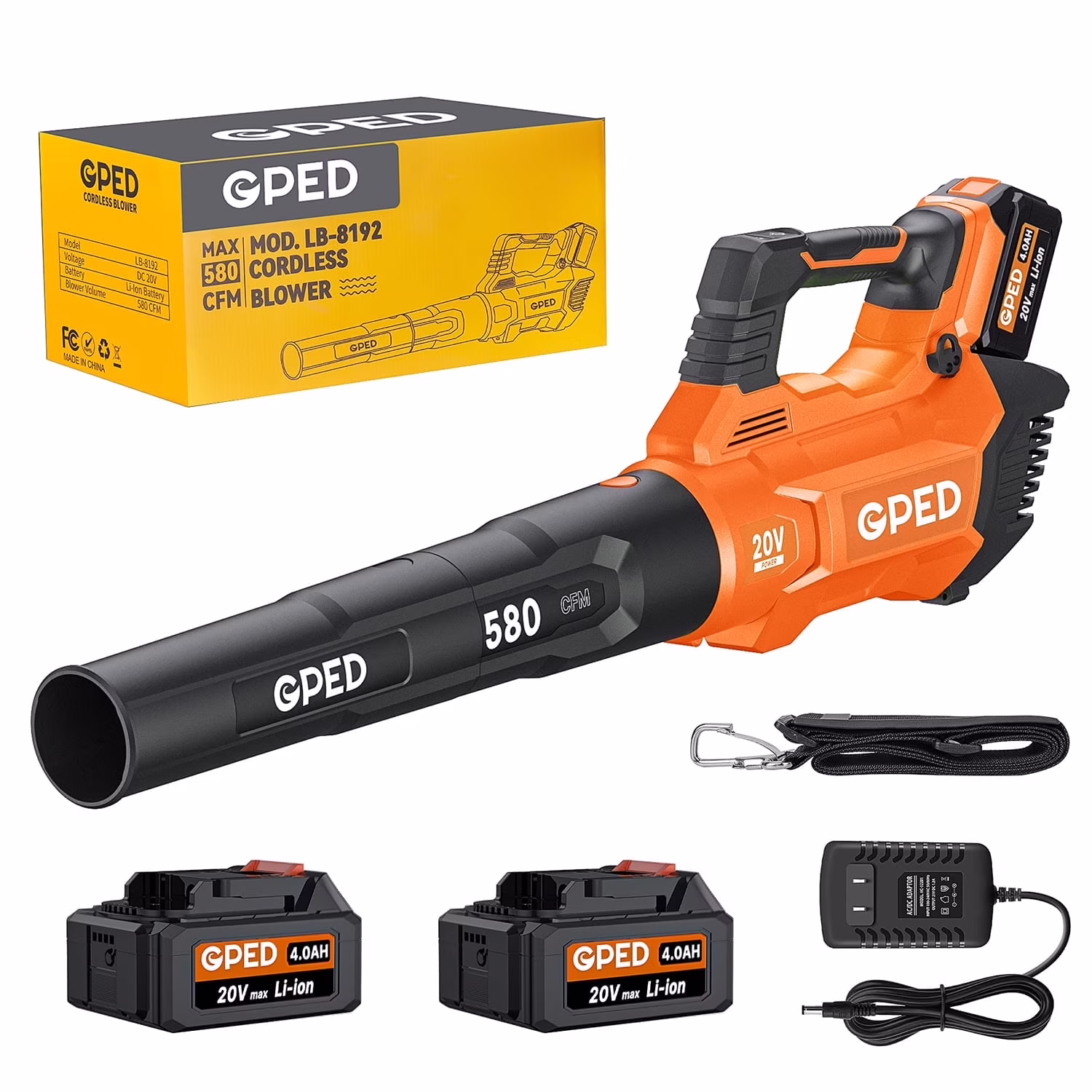 GPED Leaf Blower, 3 Speed Adjustment Electric Cordless Leaf Blower with 2 x 4.0Ah Batteries, Charger, Shoulder Strap, 580CFM/160MPH, Ideal for Patio Cleaning, Lawn Care, Blowing Leaves, Green - Image 3