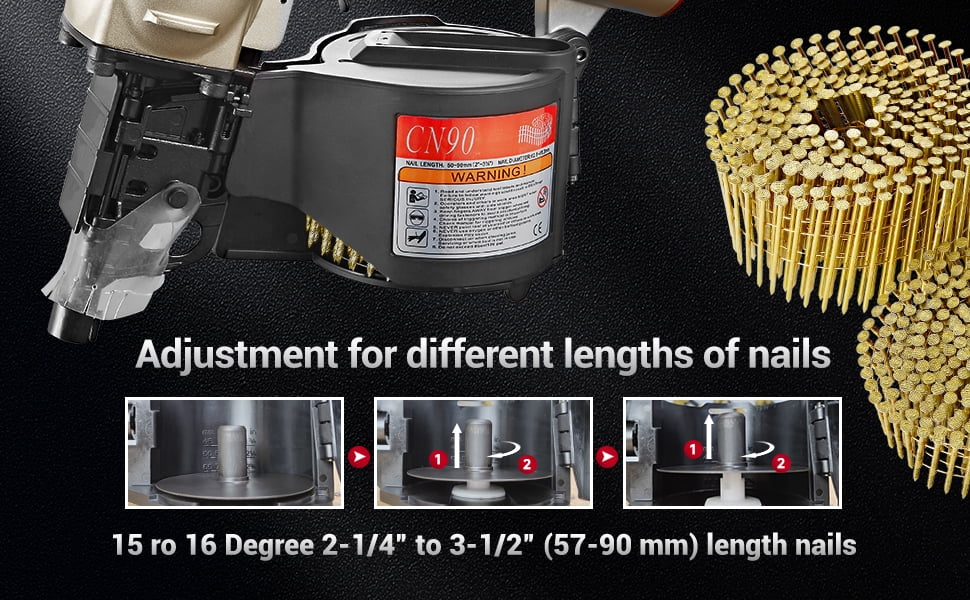 MEITE CN90 Industrial Coil Siding Nailer 15 Degree 2-1/4" to 3-1/2" Pneumatic Coil Nail Gun with Aluminum Housing - Image 9