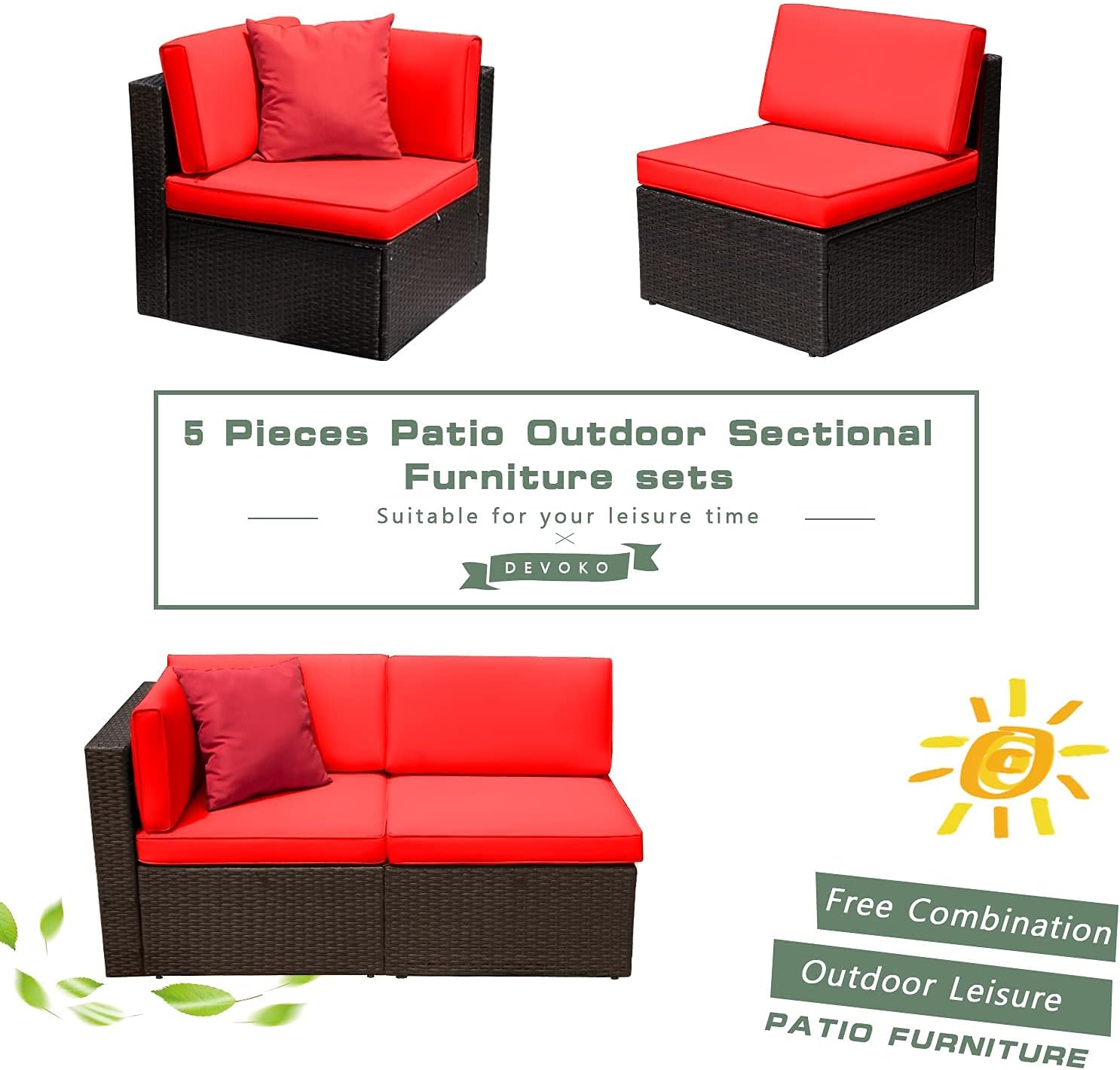5-Piece All-Weather Patio Furniture Set with Cushions, Outdoor Wicker Conversation Sofa Set for Garden, Deck & Backyard - Image 48