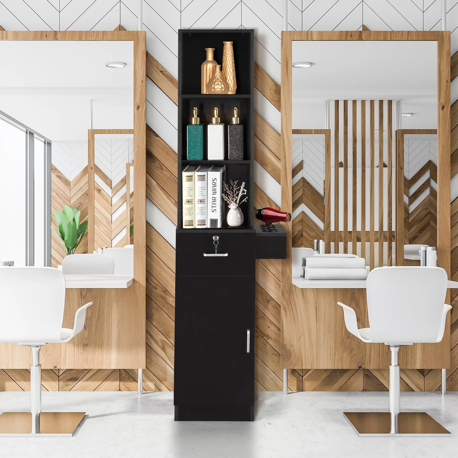 UBesGoo Barber Station Cabinet Wooden Hair Styling Storage Locker Beauty Salon Equipment, Black - Image 2