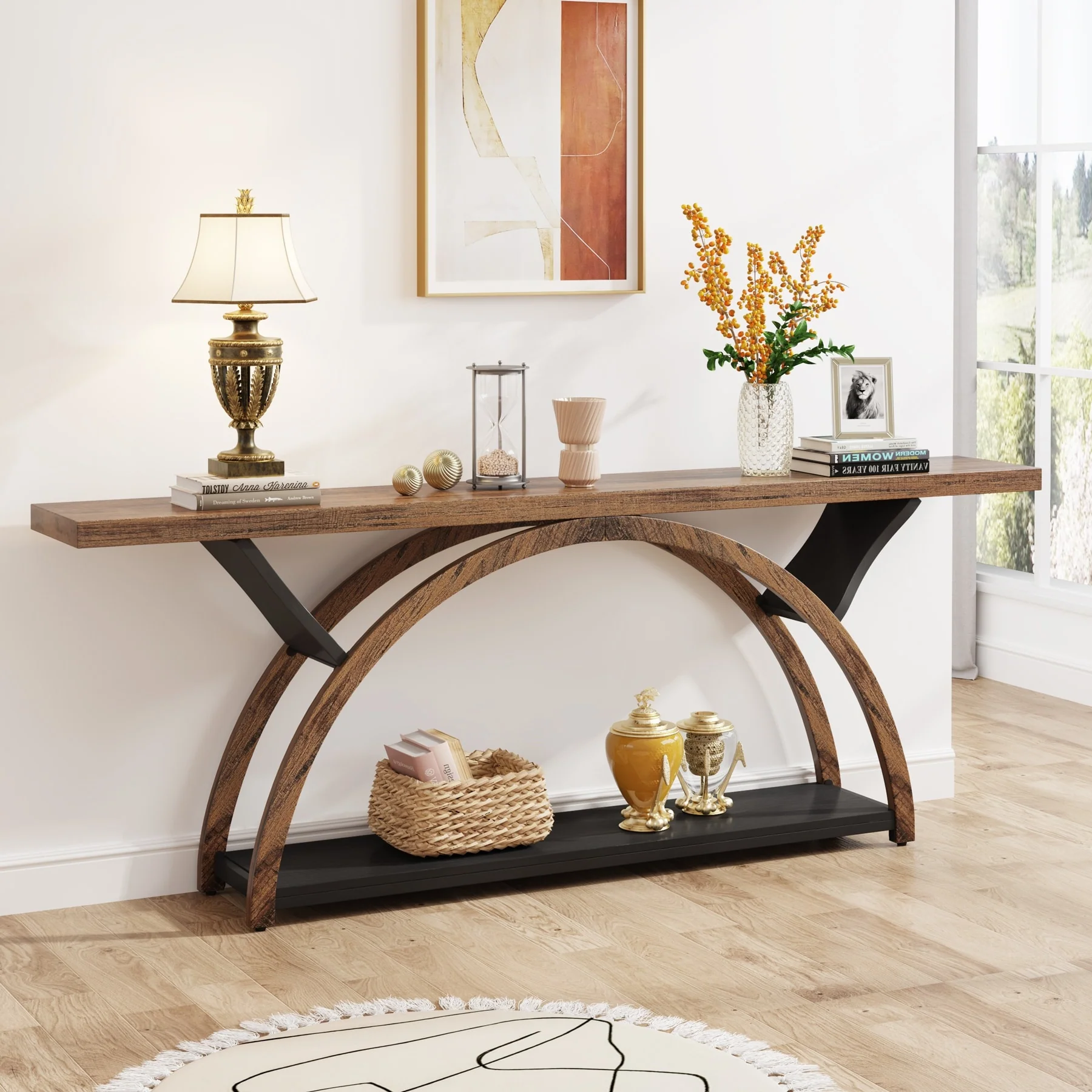 Gray 2-Tier Slim Console Sofa Table, Semi-Circular Metal Frame for Hallway - Image 3