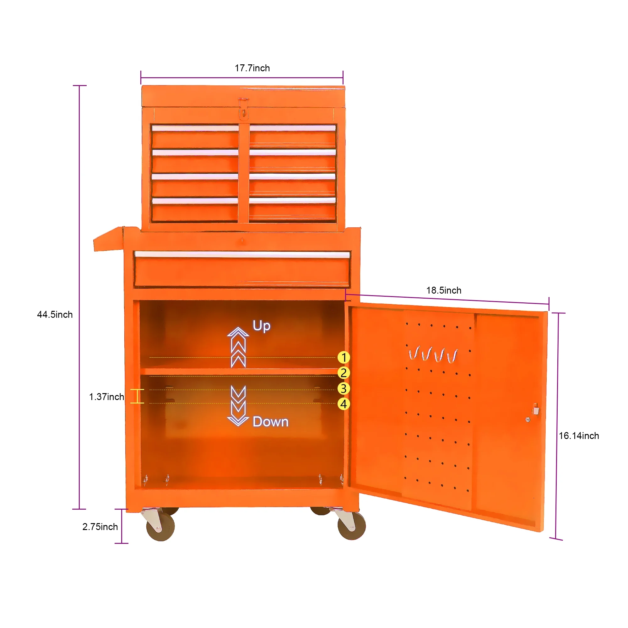5-Drawer Rolling Tool Chest & Removable Tool Box with Locking System, Tool Box Organizer with 4 Wheels&Hooks, Large Capacity Garage Storage Cabinet for Warehouse and Repair Shop, Orange - Image 10