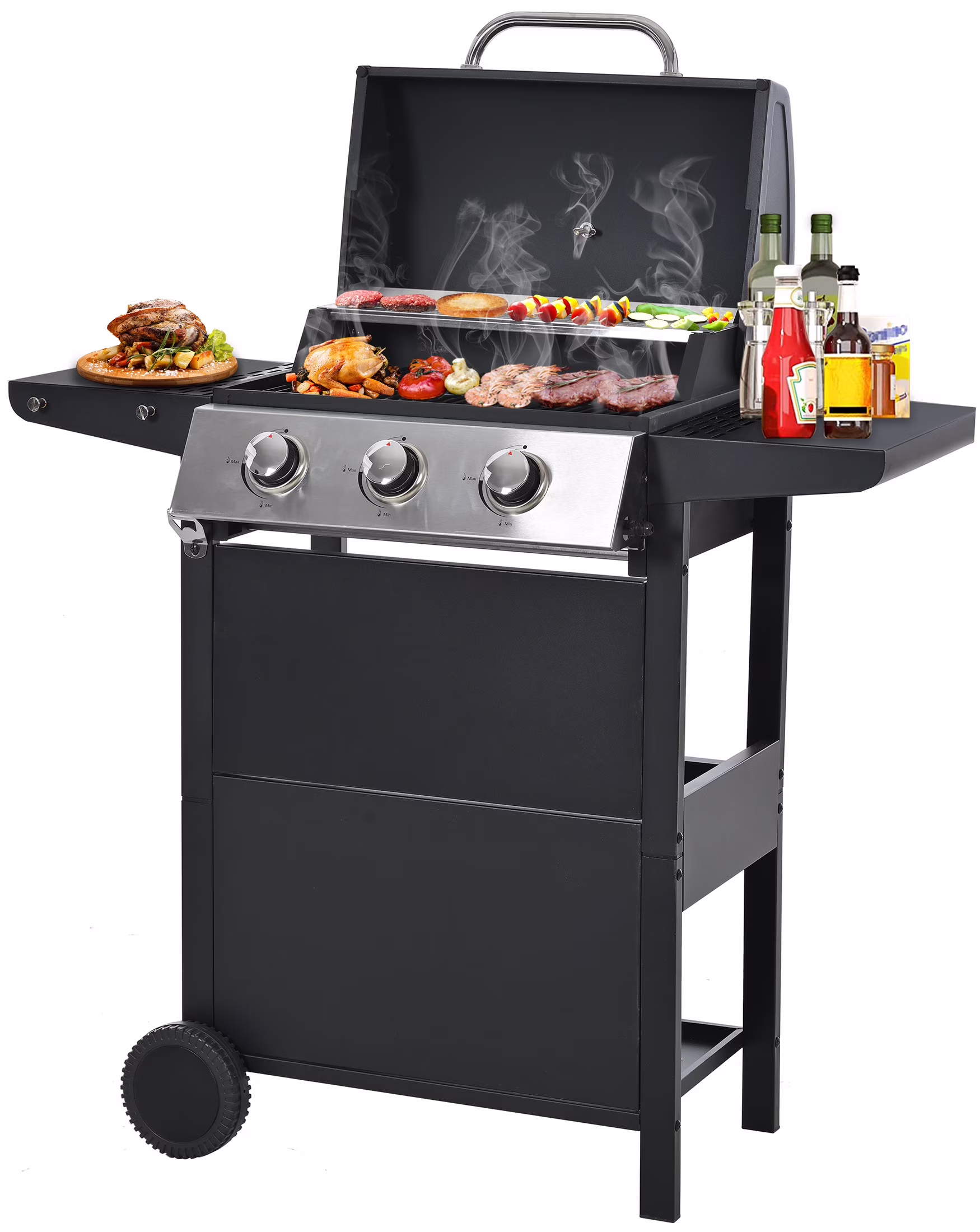 Segmart 3 Burner BBQ Propane Gas Grill, Stainless Steel 30,000 BTU Patio Garden Barbecue Grill with Folding Side Tables, Hanging Basket & Thermometer, Perfect for Camping, Outdoor Cooking - Image 5
