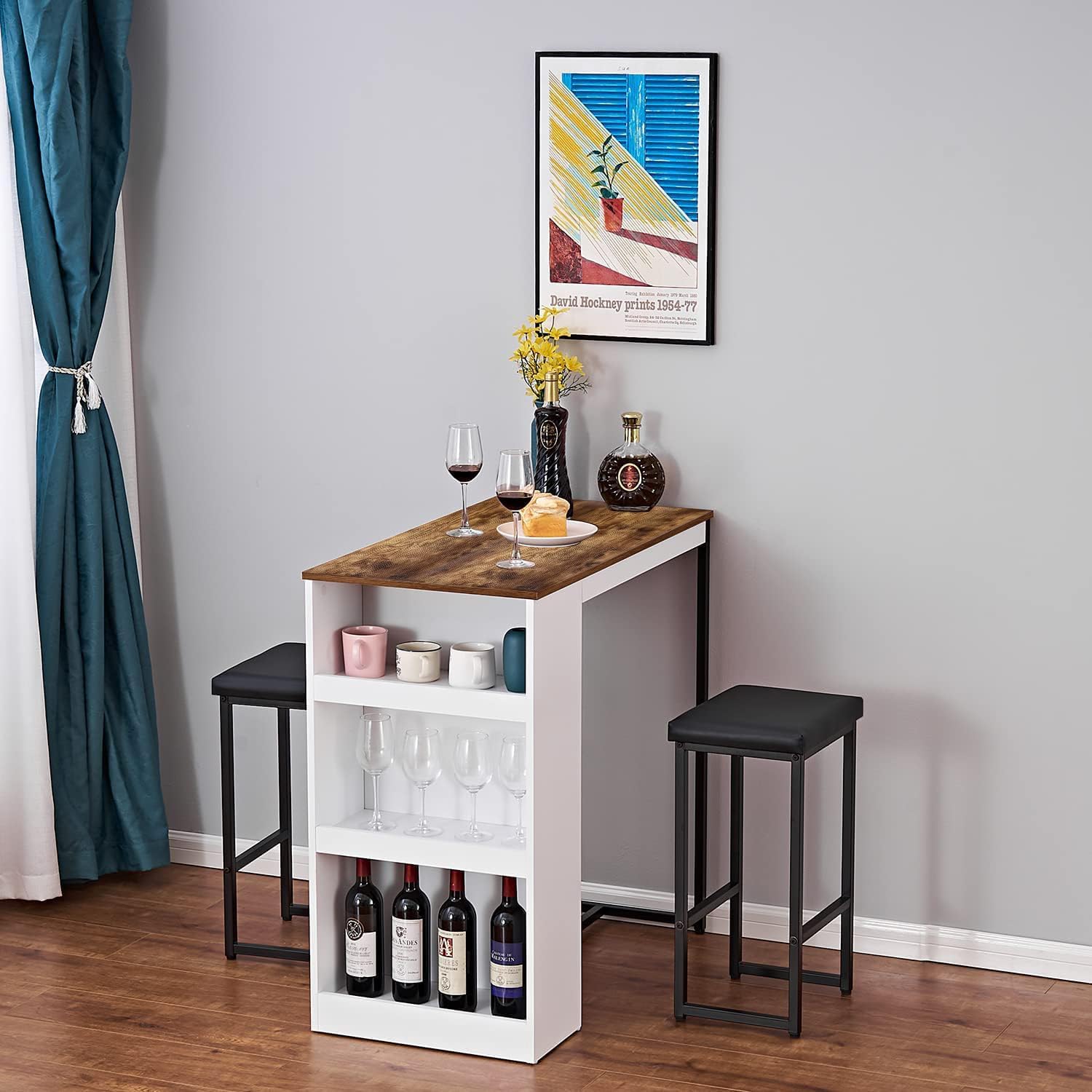 3 Piece Dining Table Set, Kitchen Bar Table with Two Stools, Storage Shelves, Wood Counter Height Table Top with Sew Kerf Finish for Dining Room, Home - Image 2