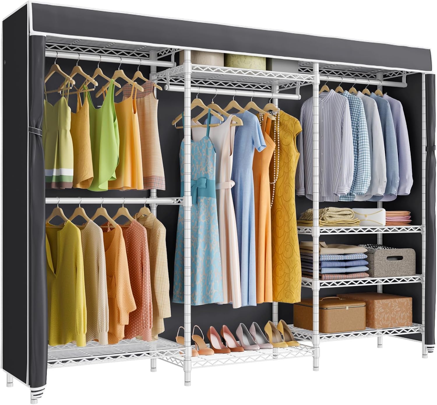 V5C Heavy Duty Covered Clothes Rack Portable Closet Rack, Black Metal Clothing Rack with Black Upgraded Polyester Cover, Adjustable Custom Freestanding Closet Wardrobe, Max Load 800LBS - Image 3
