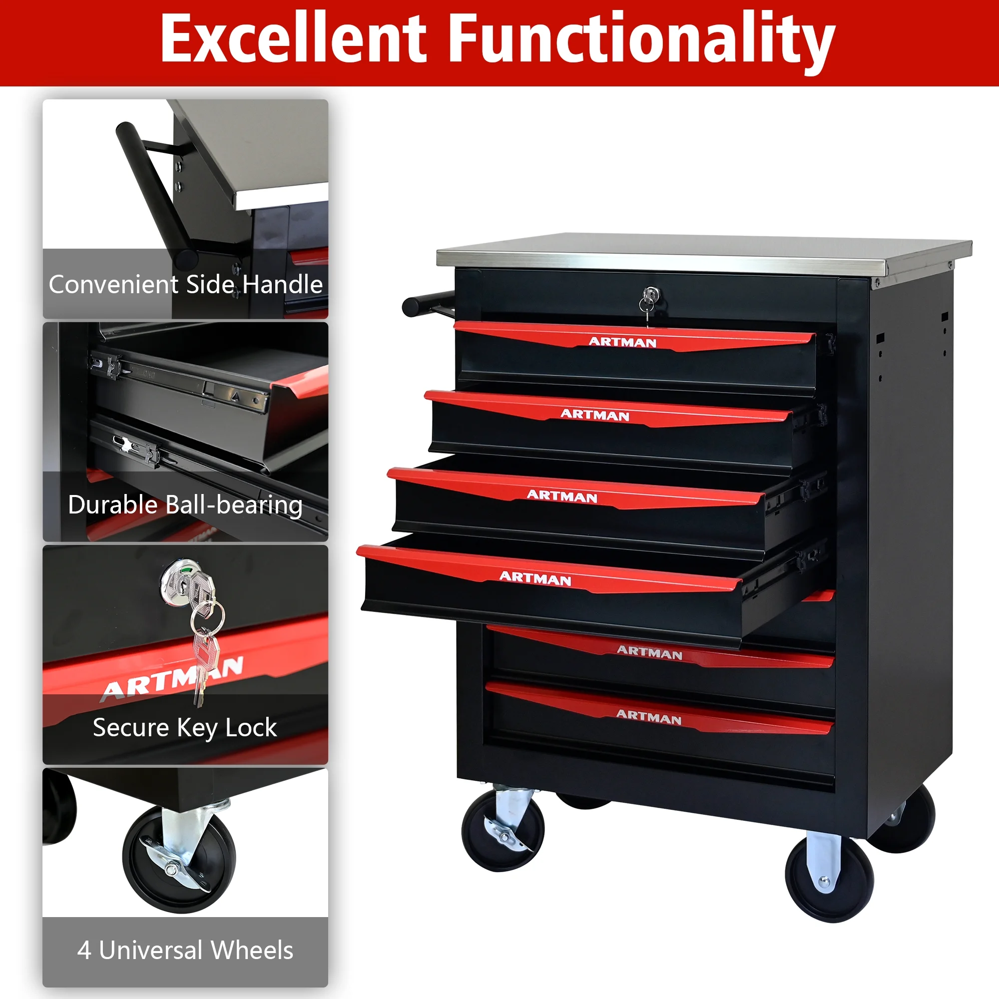ARTMAN 6 Drawers Metal Rolling Storage Tool Chest Cabinet Cart with Wheels,with Key Locking and Parking Brake, Tool Box for Garage Workshop Warehouse - Image 58