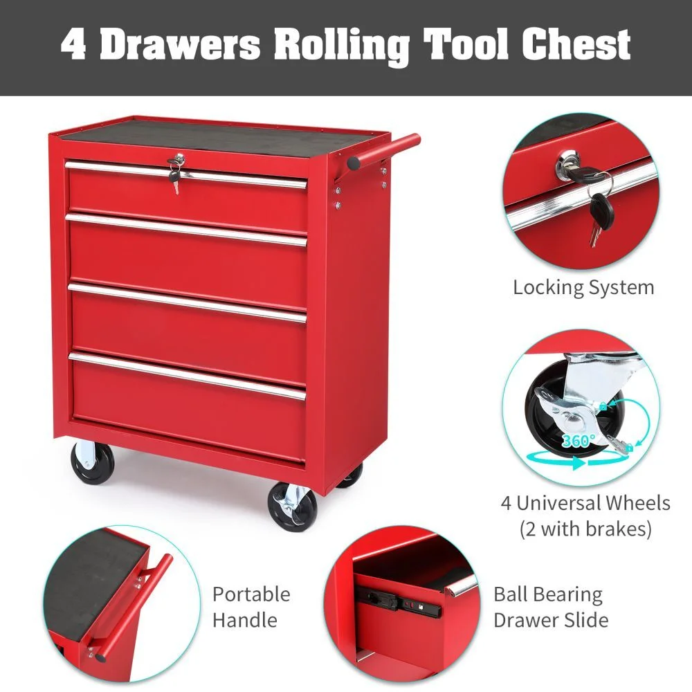 IVV 4-Drawer Rolling Tool Chest w/Lock & Key, Tool Storage Cabinet with Universal Wheels, Anti-Scratch Liners, Tool Organizer Box for Garage, Warehouse & Repair Shop, Red - Image 7