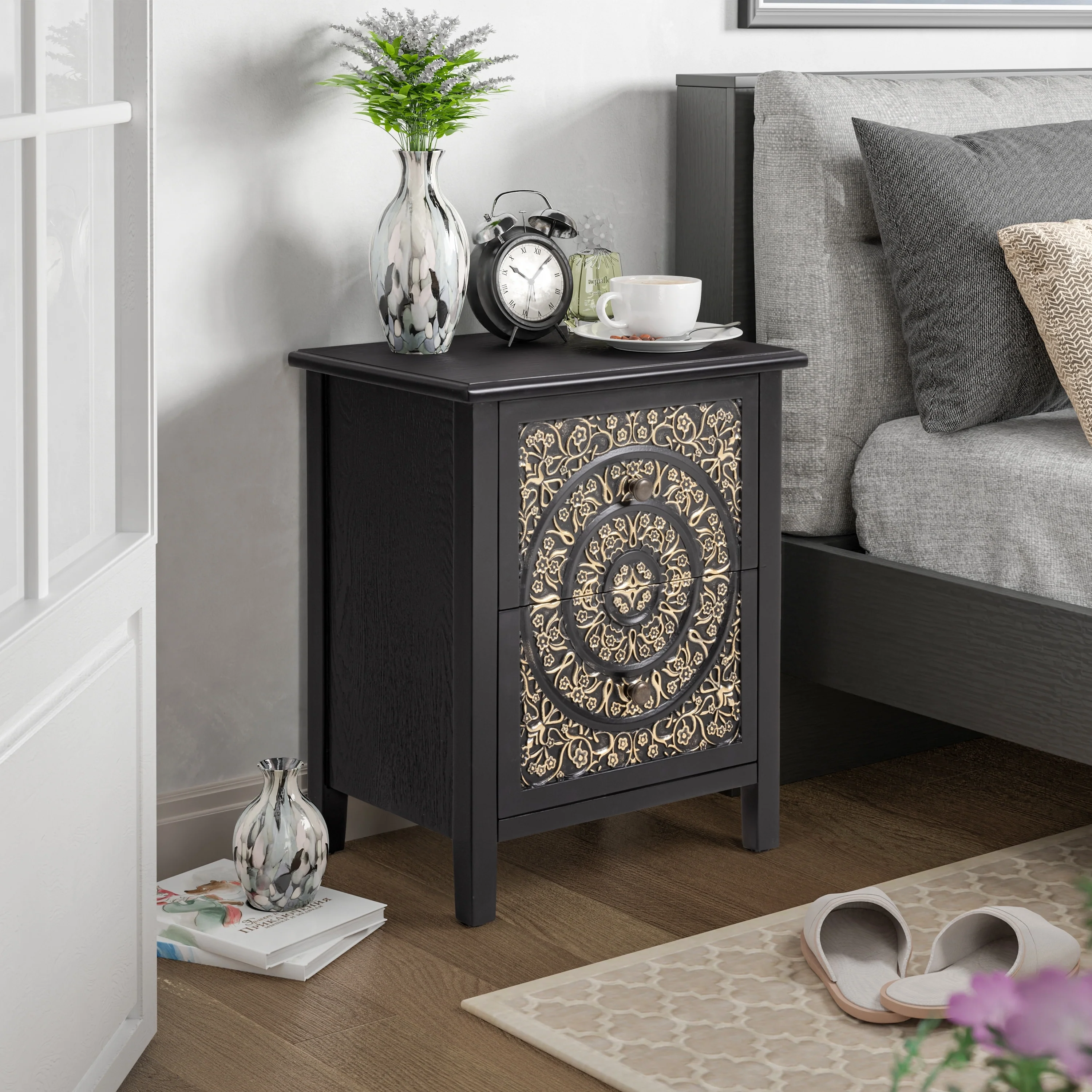Farmhouse Fully Assembled Nightstand with 2 Drawers, Flower Motif End Table for Small Spaces - Image 13