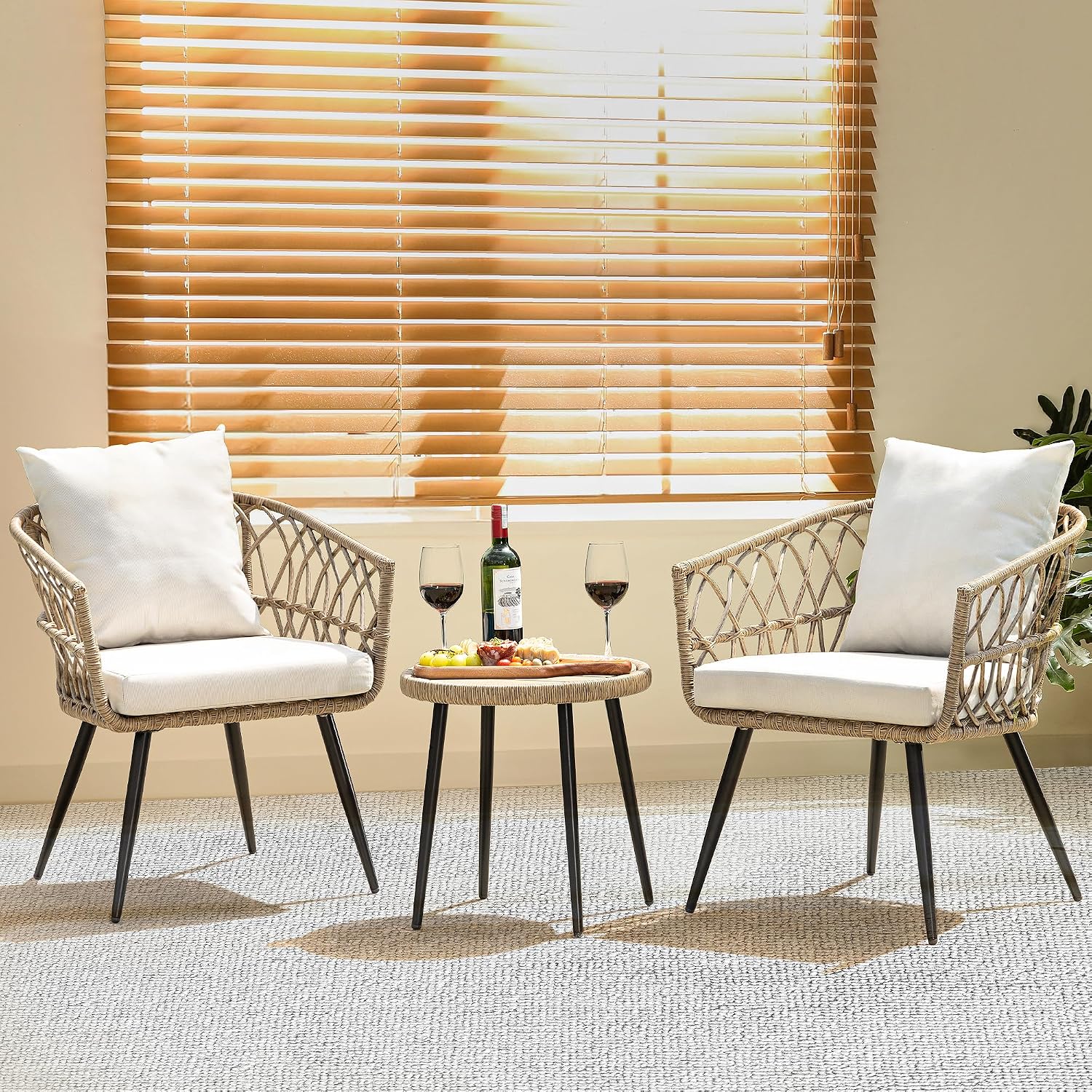 Heavy Duty 500lbs Weight Capacity Wicker Bistro Table and Chairs Set of 2 with Premium Olefin Fabric Soft Cushions - Image 11