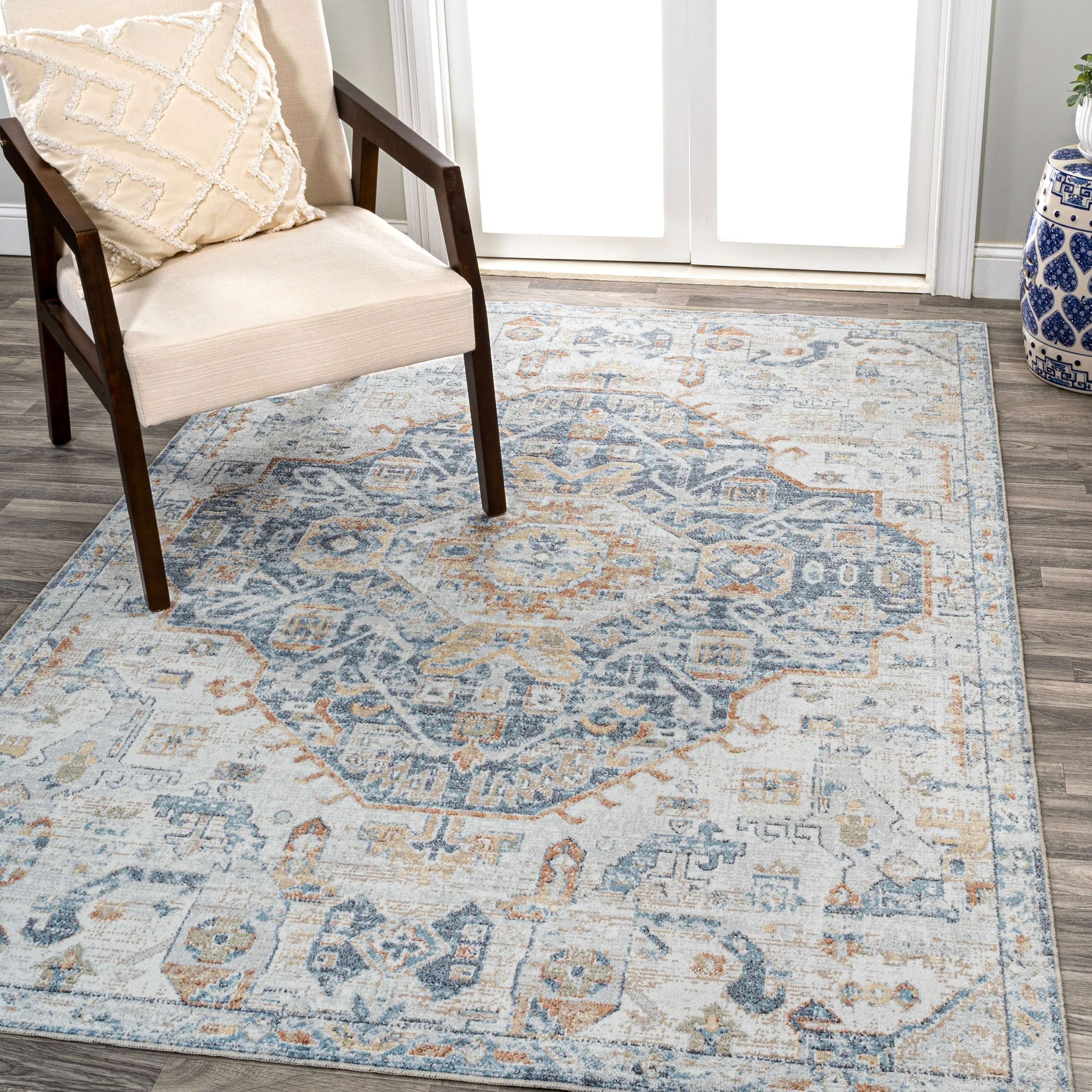 Bohemian Medallion Low-Pile Machine-Washable Area Rug, Cream and Terra - Image 10