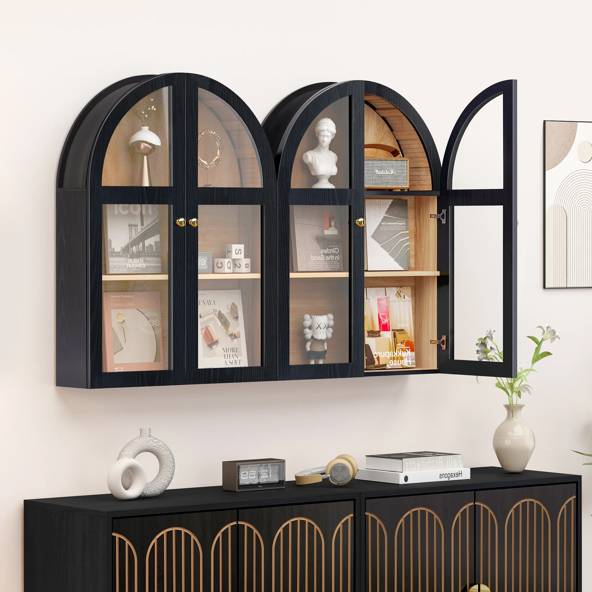 LEFHDA Arched Wall Cabinet with Glass Door, Black Open Storage Cabinet, Hanging Bathroom Shelf, Modern Wall Bathroom Cabinet with Adjustable Shelf Gold Metal Handles - Image 5