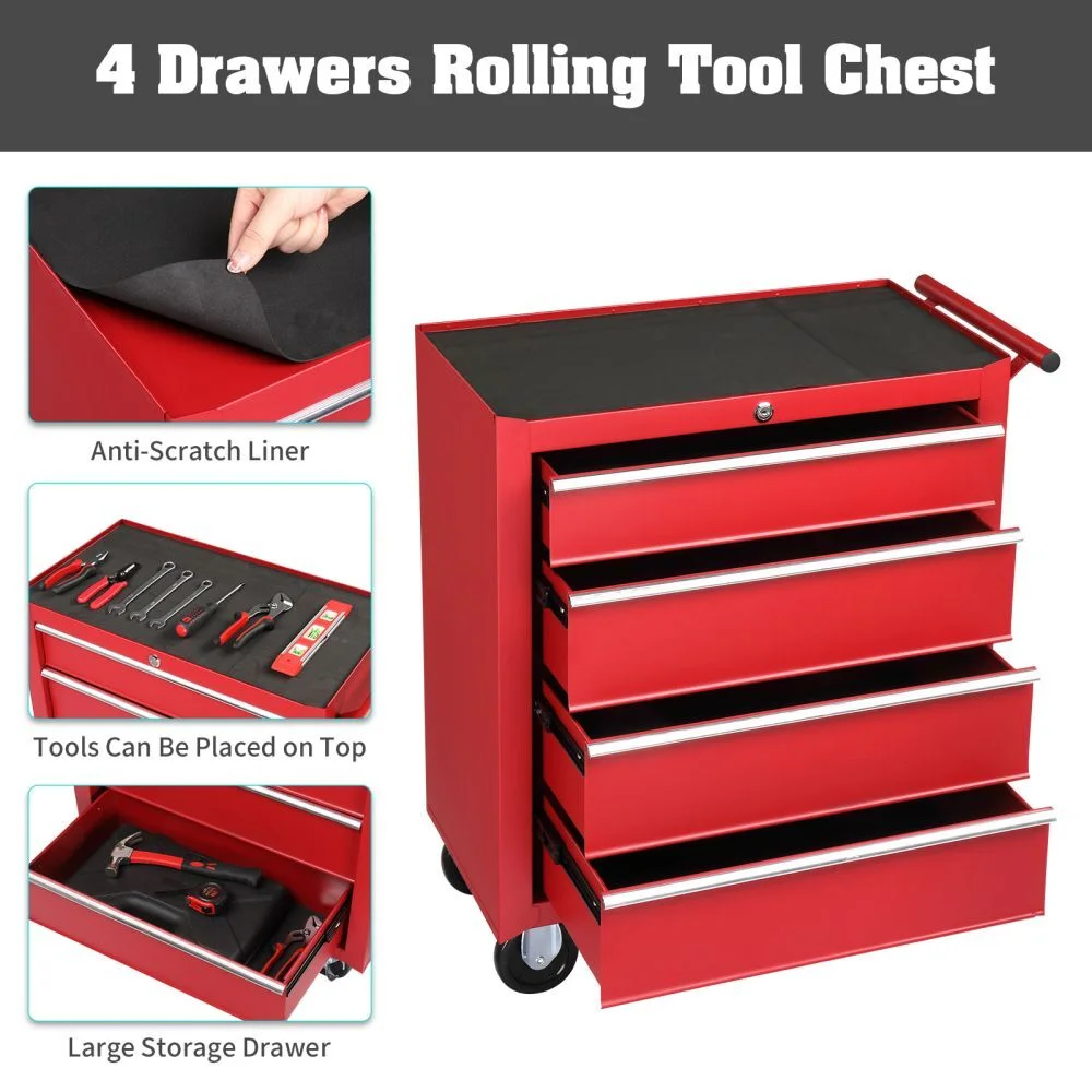 IVV 4-Drawer Rolling Tool Chest w/Lock & Key, Tool Storage Cabinet with Universal Wheels, Anti-Scratch Liners, Tool Organizer Box for Garage, Warehouse & Repair Shop, Red - Image 9