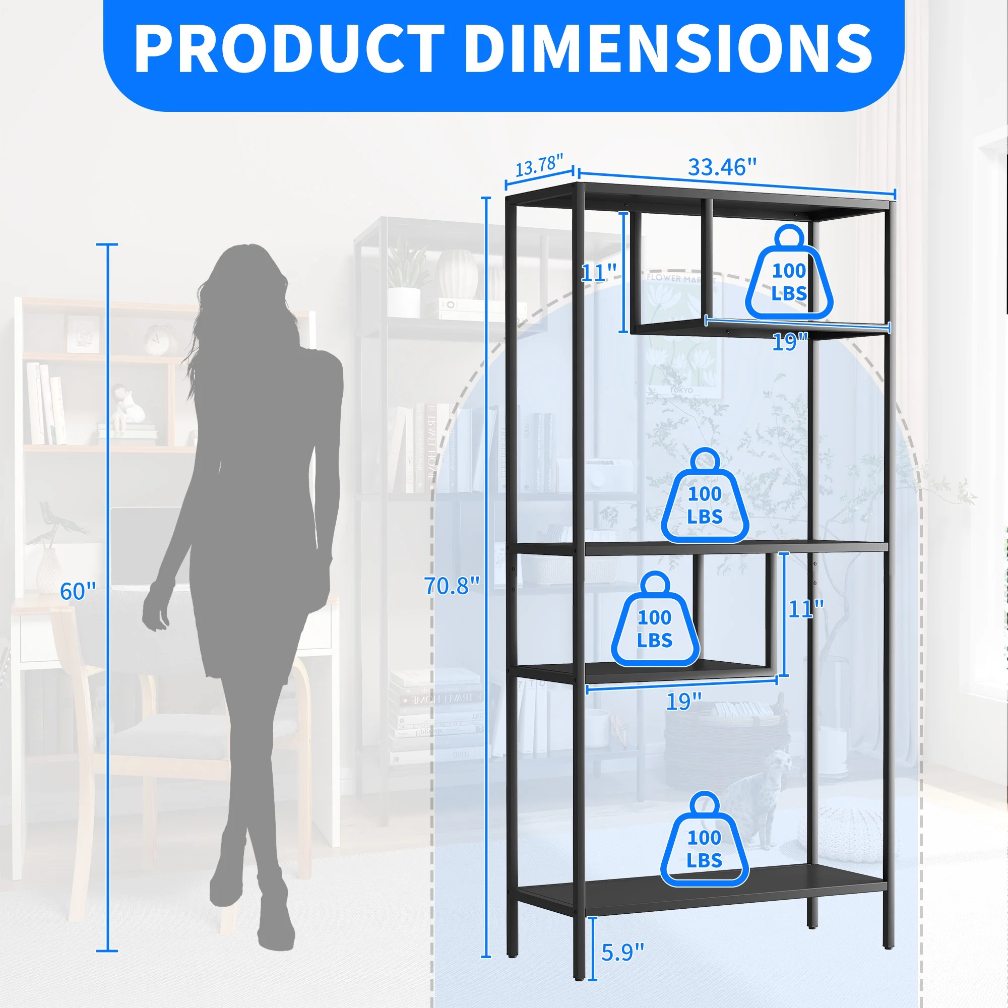 Modern Storage Shelf with 4 Compartments & Metal Legs, Freestanding Organizer,Book Shelves Display Shelves for Living Room, Bedroom, Home Office - Image 6