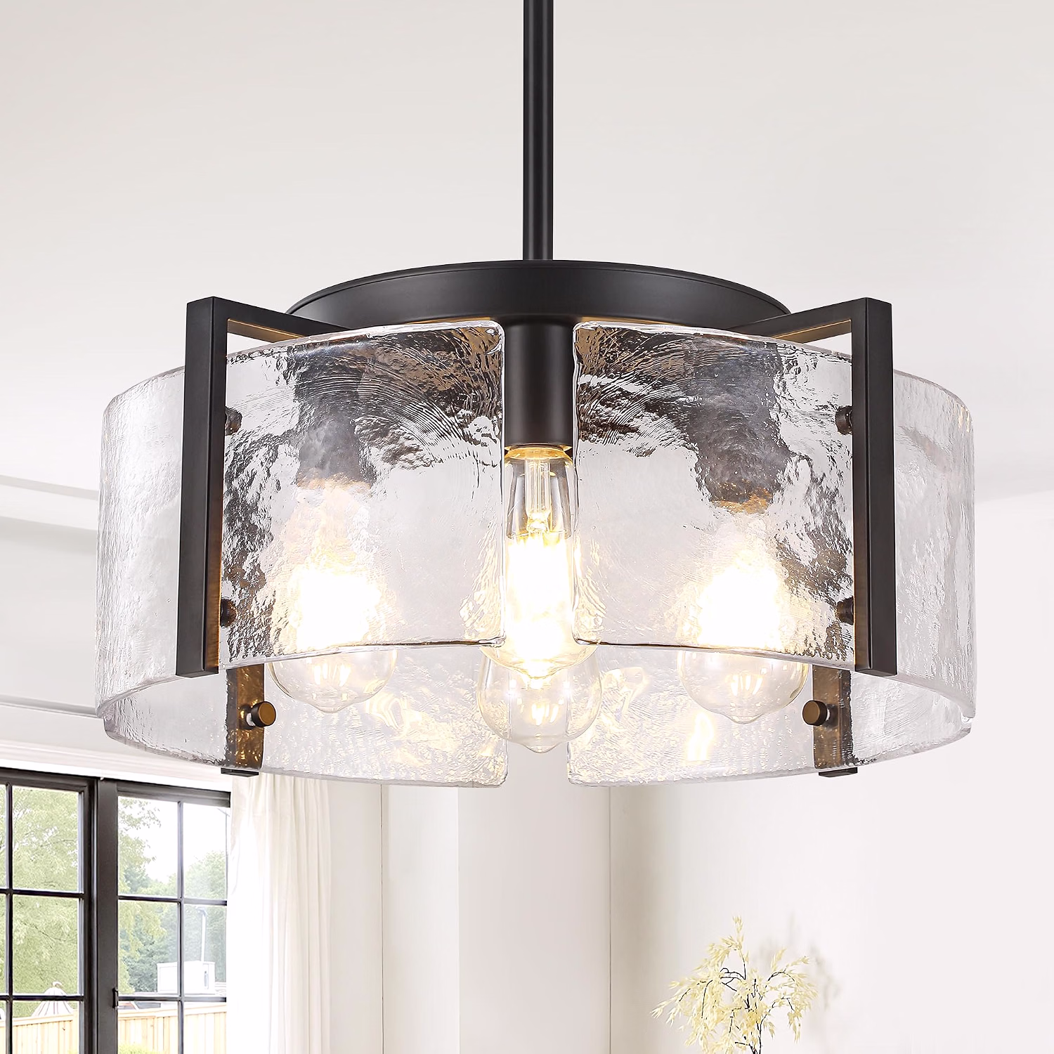 Black 4-Light Glass Chandelier, Adjustable Modern Farmhouse Pendant Light, Drum Hanging Light Fixture for Kitchen Island, Dining Room, Entryway, Bedroom