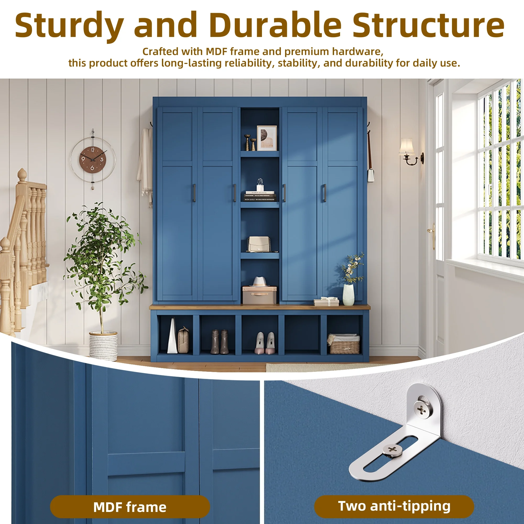 Euroco Modern Farmhouse Hall Tree -C 4-in-1 Entryway Bench with Cabinets, Hooks & Shoe Storage, Wood-Grain Finish, Handles, Anti-Tip Safety - Image 15