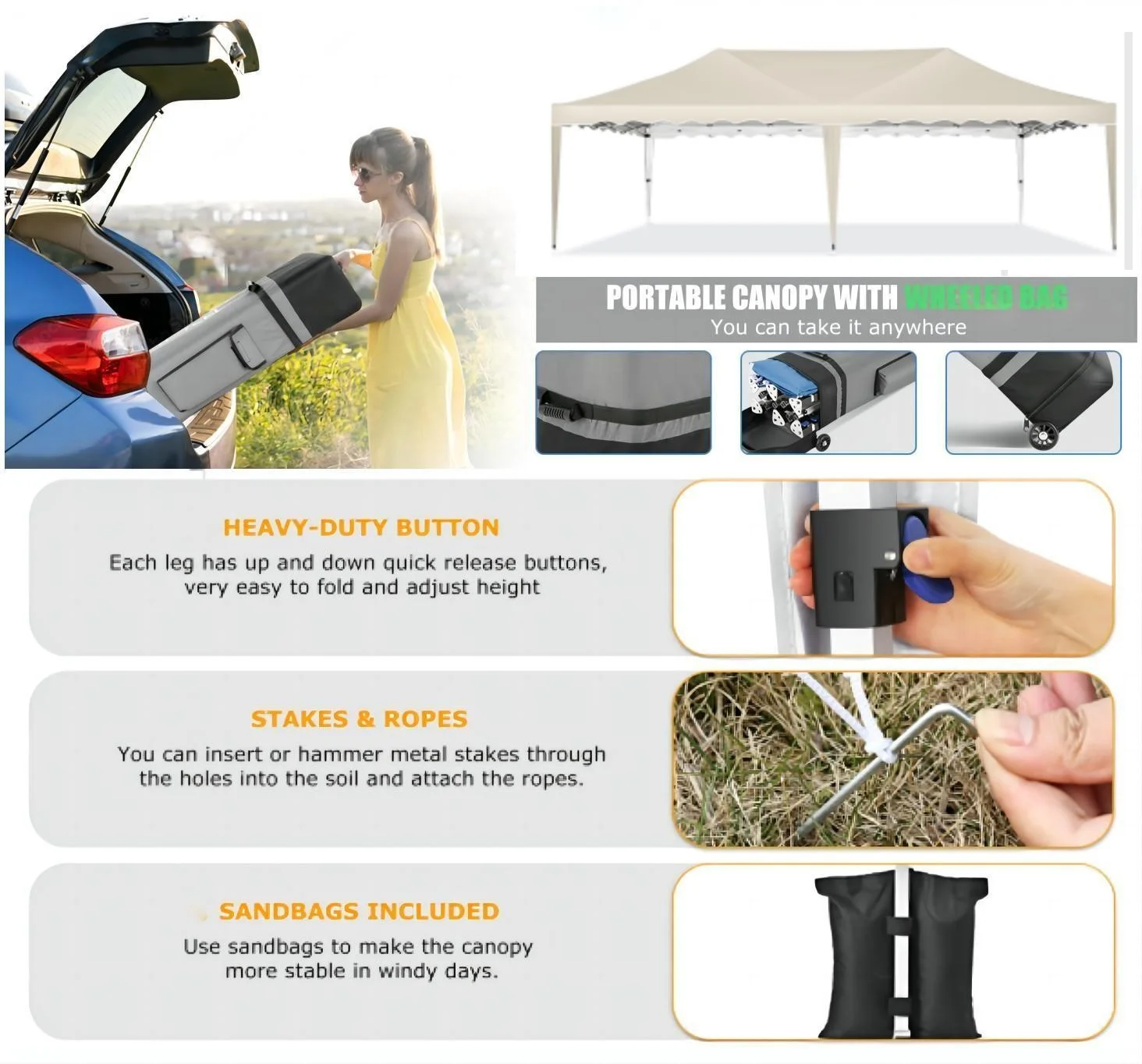 HOTEEL Canopy 10'x20' Pop Up Canopy Tent Heavy Duty Waterproof Adjustable Commercial Instant Canopy Outdoor Party Canopy Parties,Wedding,Outside Patio,Event,Backyard,White - Image 31