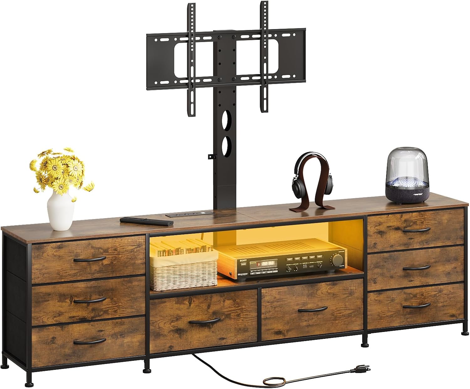 70.8" W TV Stand with Mount and Power Outlet for 65/70/75/80 Inch TV, Farmhouse Entertainment Center with 8 Fabric Drawers, LED Lights and Open Storage Shelves for Living Room