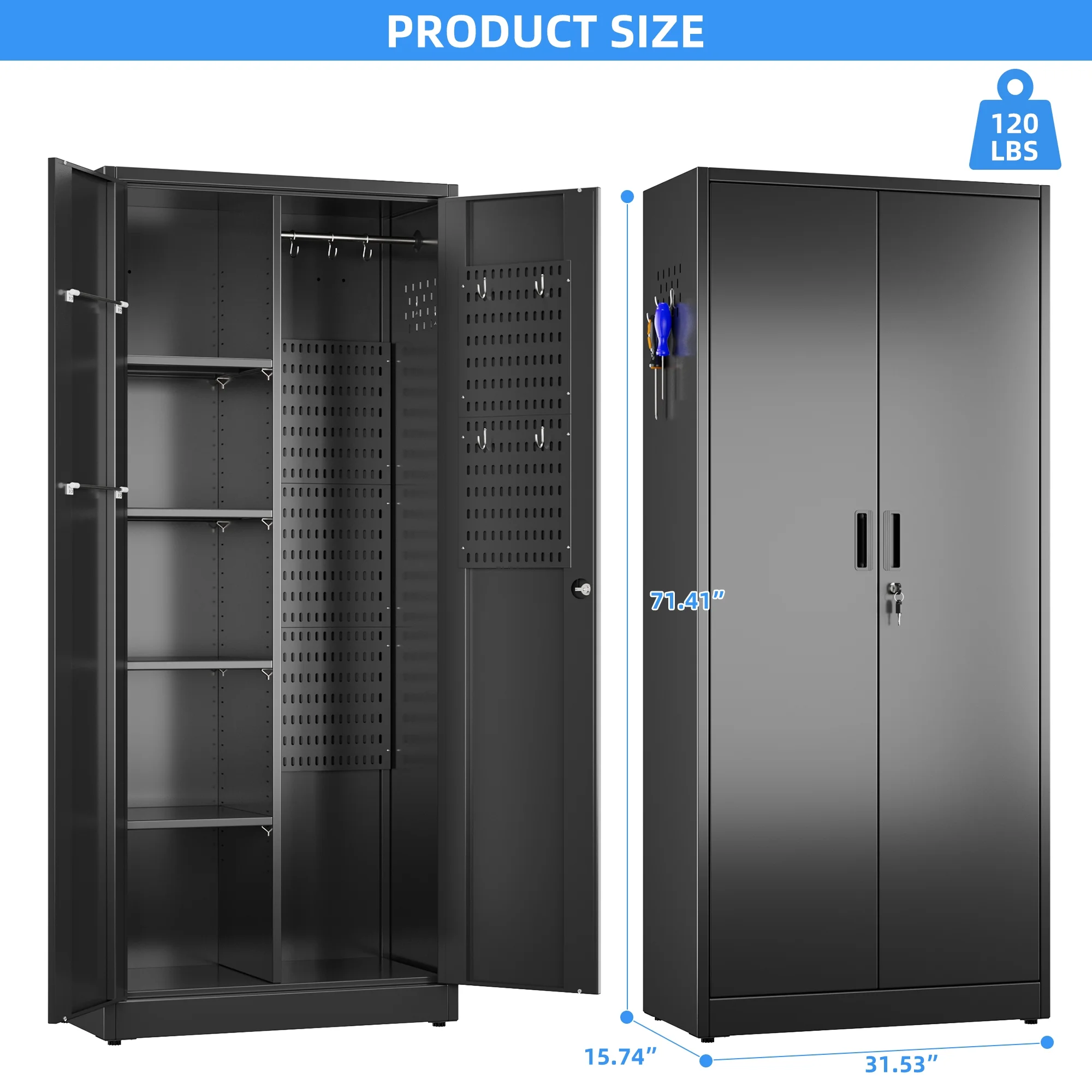 GAEANET 2 Door Metal Storage Cabinet with 5 Adjustable Shelves &Pegboard, 71" H-32" W-16" D Locking Steel Garage Cabinet, for Garage,Office,Home,Gym,School, File Cabinet,Assembly Required, Black - Image 51