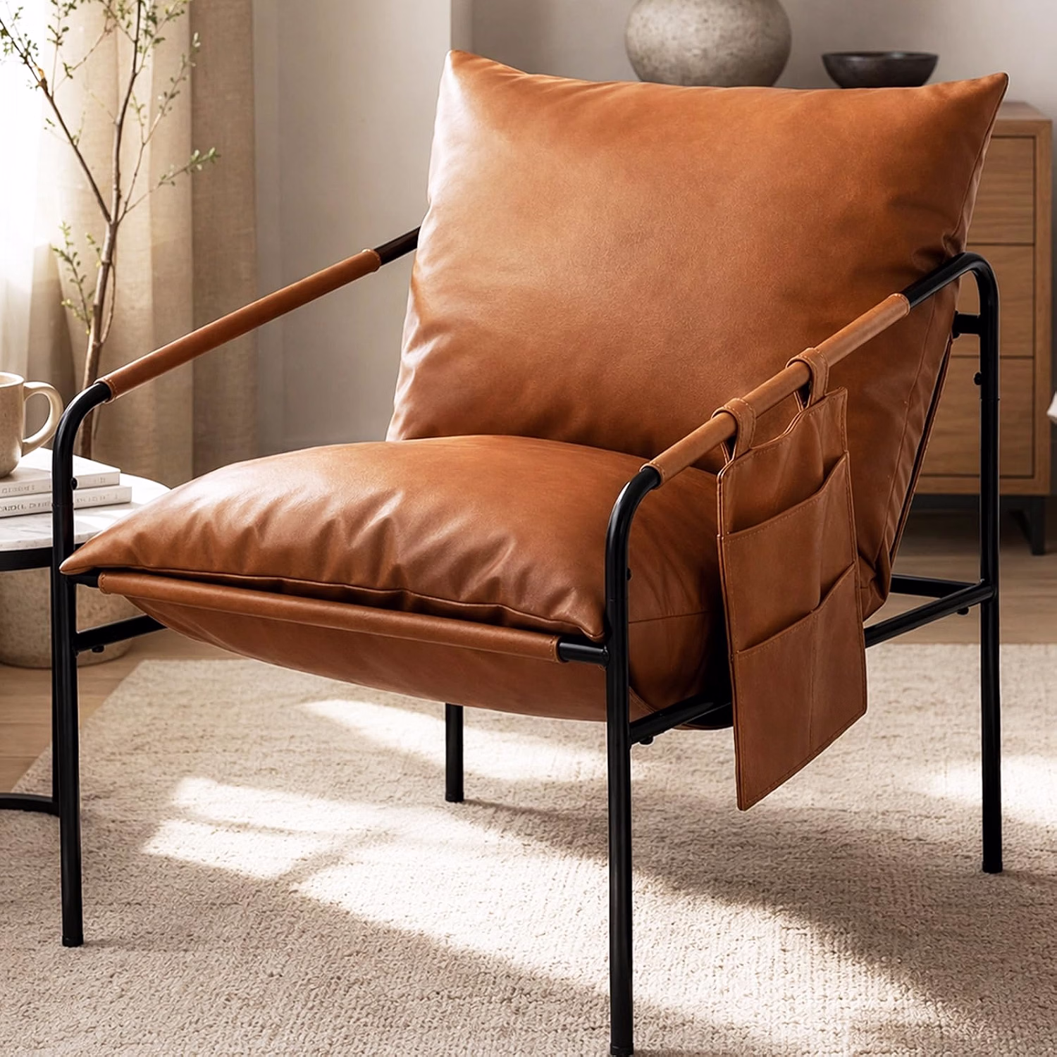 Modern Accent Chair, Comfy Armchair, Waterproof Living Room Chair with Storage Pocket, Upholstered Lounge Chair with Metal Frame, Brown