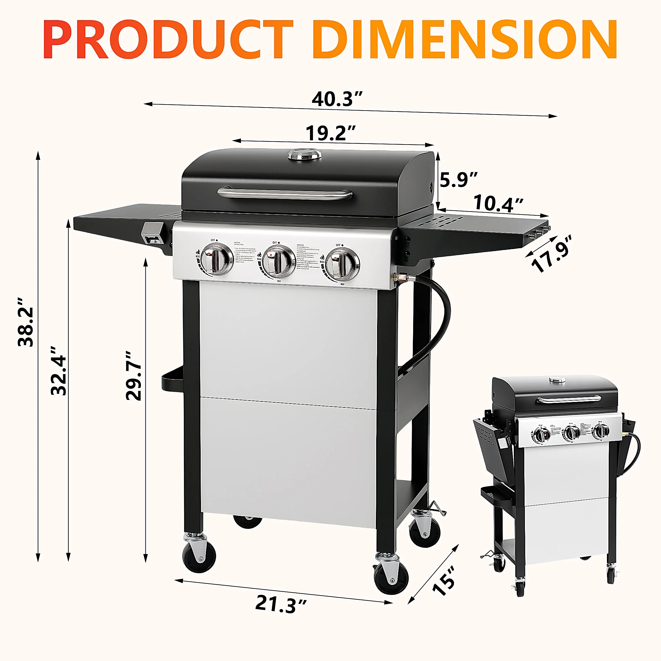 Segmart 3 Burner BBQ Propane Gas Grill, Stainless Steel 30,000 BTU Patio Garden Barbecue Grill with Folding Side Tables, Hanging Basket & Thermometer, Perfect for Camping, Outdoor Cooking - Image 11