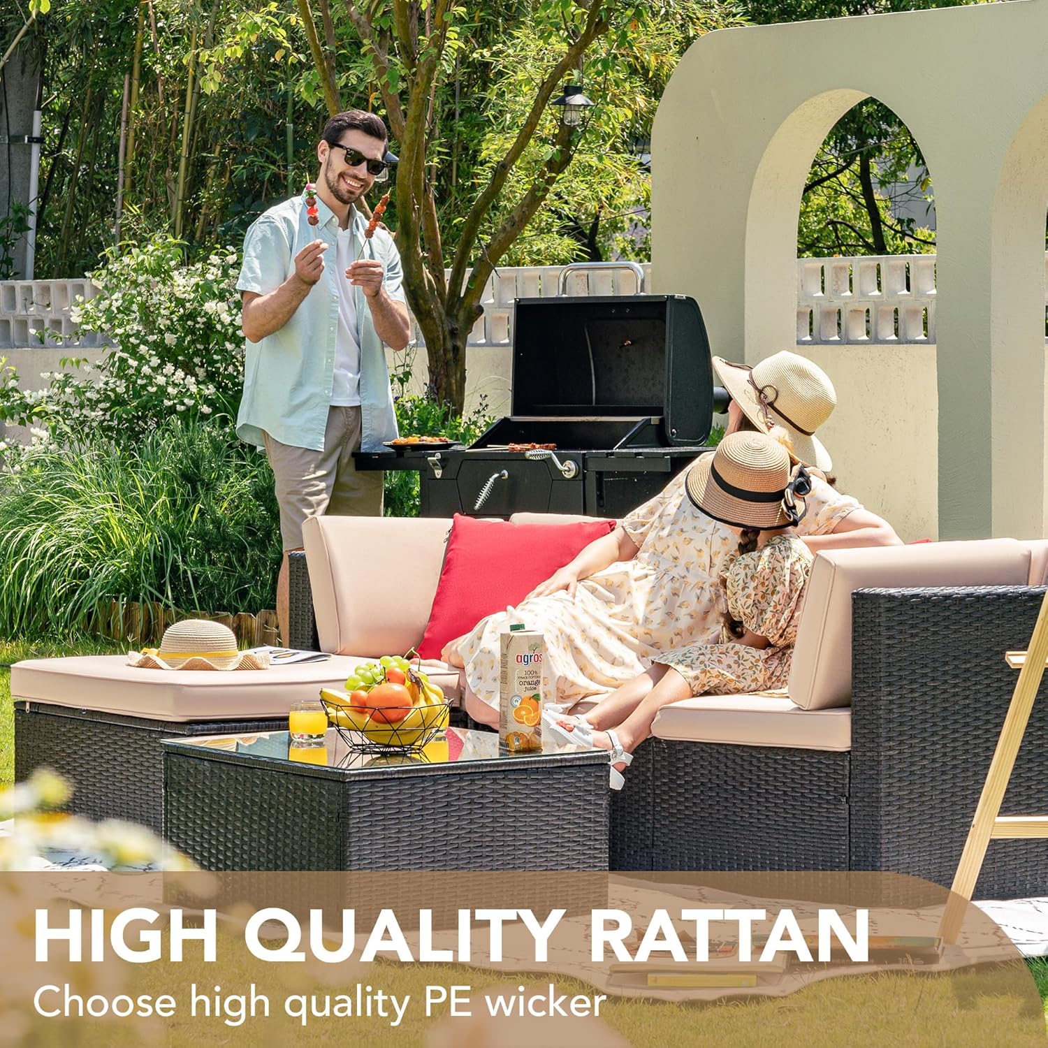 5-Piece All-Weather Patio Furniture Set with Cushions, Outdoor Wicker Conversation Sofa Set for Garden, Deck & Backyard - Image 14