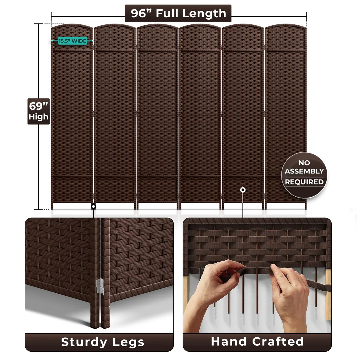 6 Panel Room Divider, 6ft Tall Extra Wide Folding Privacy Screen with Hand-Woven Mesh Panels - Image 35