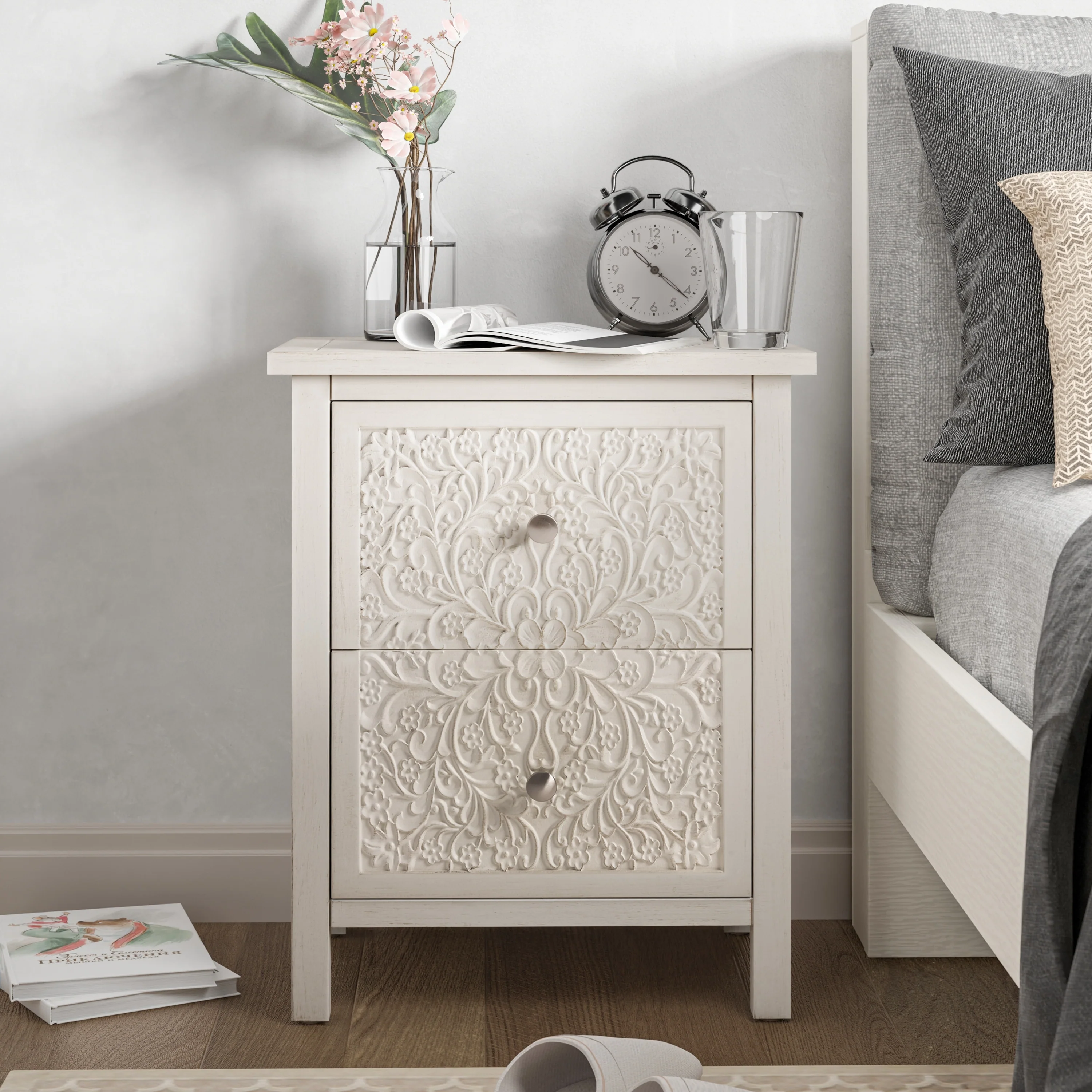Farmhouse Fully Assembled Nightstand with 2 Drawers, Flower Motif End Table for Small Spaces - Image 2