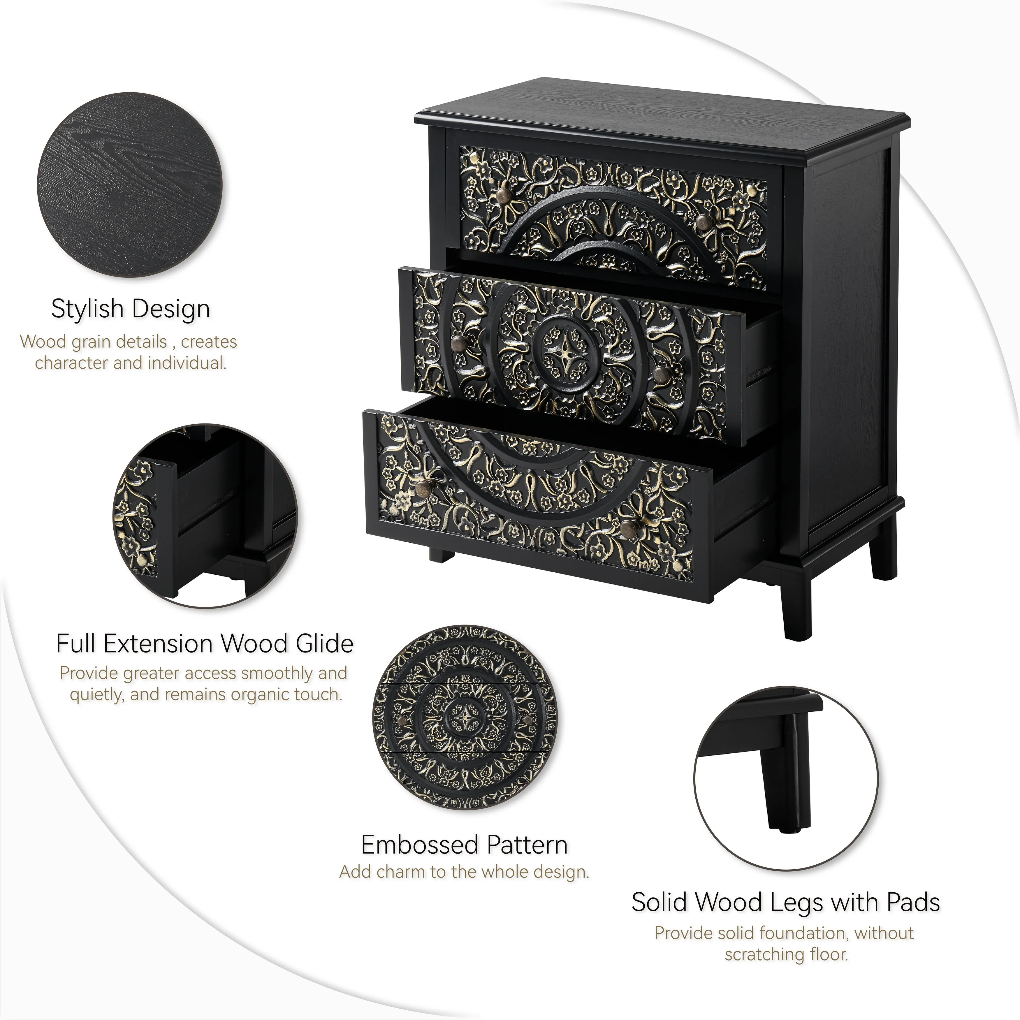 Farmhouse Fully Assembled Nightstand with 2 Drawers, Flower Motif End Table for Small Spaces - Image 30