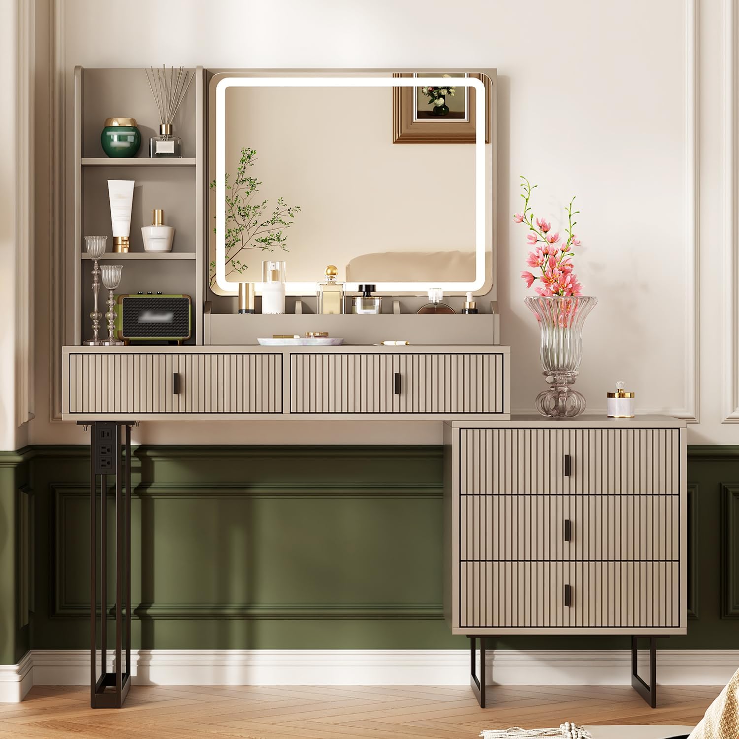 Large Vanity Desk with 3 Color Touch Screen Dimming Mirror, Vanity Desk with Charging Station, Modern Retractable Makeup Dressing Table, Vanity Table With storage shelves and 5 Sliding Drawers, White - Image 4