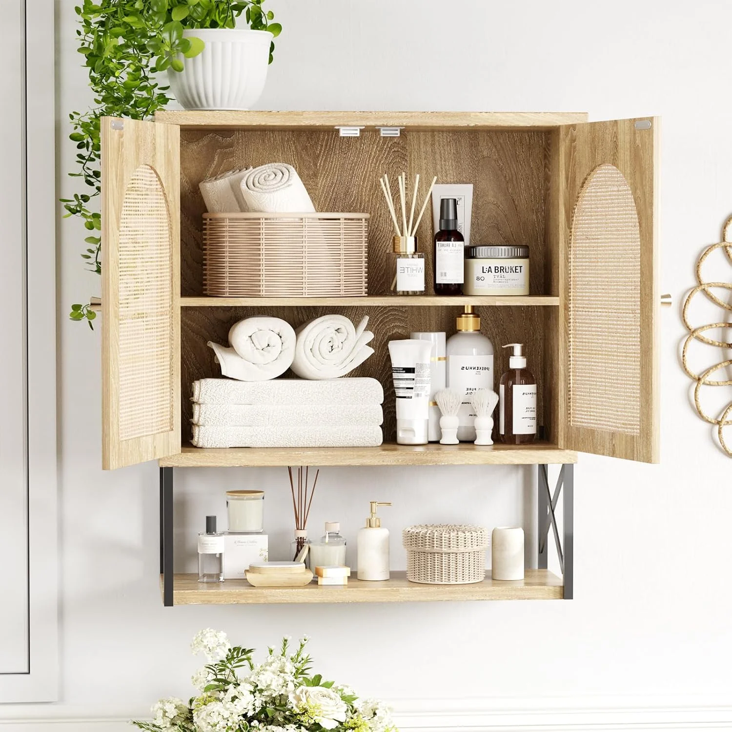 VEANERWOOD Rattan Bathroom Wall Storage Cabinet with Double Doors and Adjustable Shelves, Medicine Wall Storage Cabinet for Kitchen, Toilet, Bathroom - Image 2