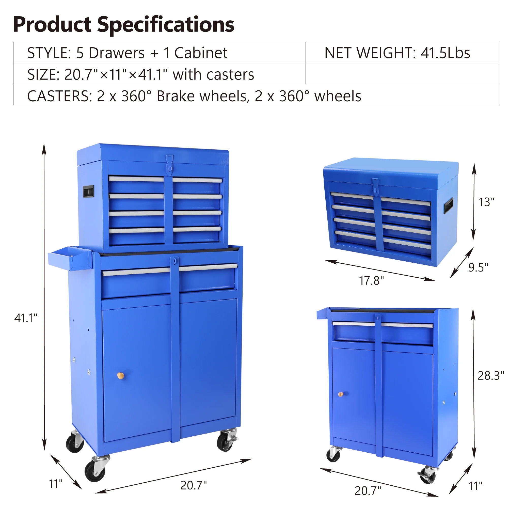 DUOSONG 5-Drawer Rolling Tool Chest, High Capacity Tool Storage Cabinet W/Lockable Wheels, Adjustable Shelf & Anti-Slip Liner, Detachable Tool Box Organizer, Rolling Tool Cabinet Blue Steel Tools & - Image 2