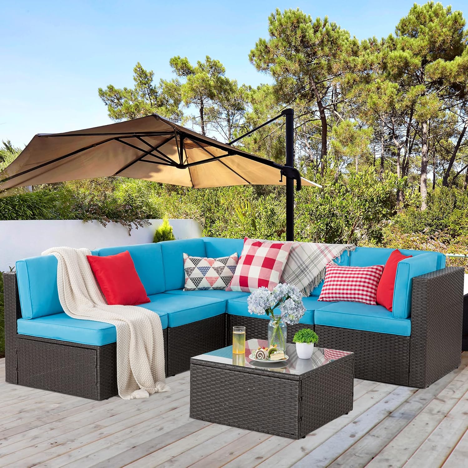 5-Piece All-Weather Patio Furniture Set with Ottoman, Outdoor Wicker Conversation Sofa Set with Cushions for Garden, Deck & Backyard - Image 27