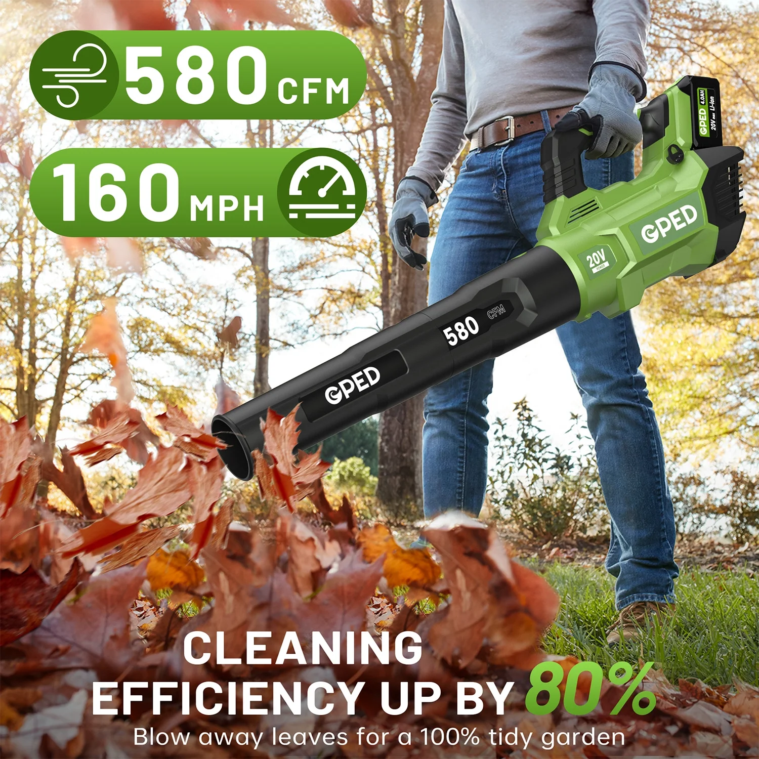 GPED Leaf Blower, 3 Speed Adjustment Electric Cordless Leaf Blower with 2 x 4.0Ah Batteries, Charger, Shoulder Strap, 580CFM/160MPH, Ideal for Patio Cleaning, Lawn Care, Blowing Leaves, Green - Image 6