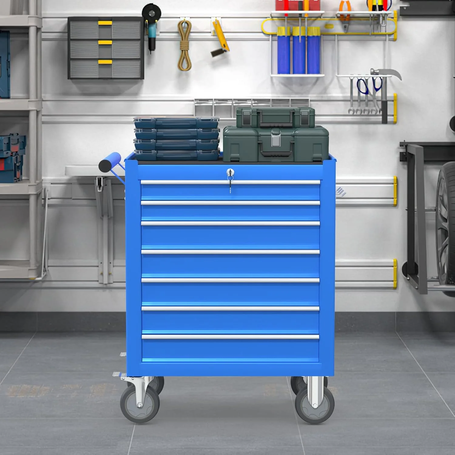 7 Drawers Large Capacity Rolling Tool Chest, Metal Tool Box with Wheels and Drawers, Tool Storage Cabinet with Keyed Locking, Tool Organizer Box for Garage, Workshop, Warehouse (Blue) - Image 2