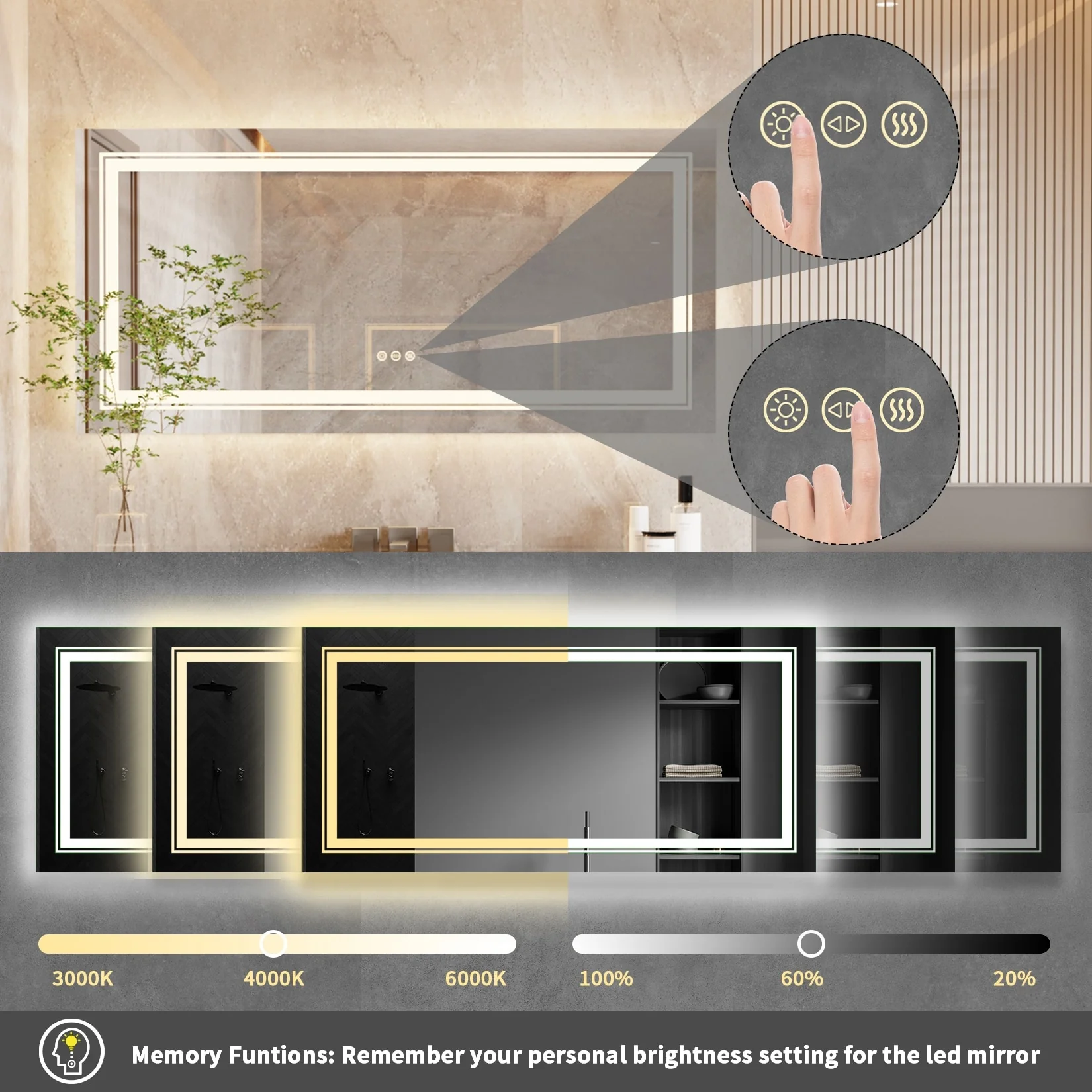 Extra Large LED Lighted Bathroom Mirror, Anti-Fog Wall Mounted Vanity Mirror with 3 Colors - Image 11