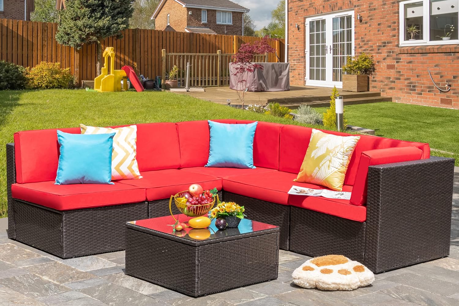 5-Piece All-Weather Patio Furniture Set with Ottoman, Outdoor Wicker Conversation Sofa Set with Cushions for Garden, Deck & Backyard - Image 11