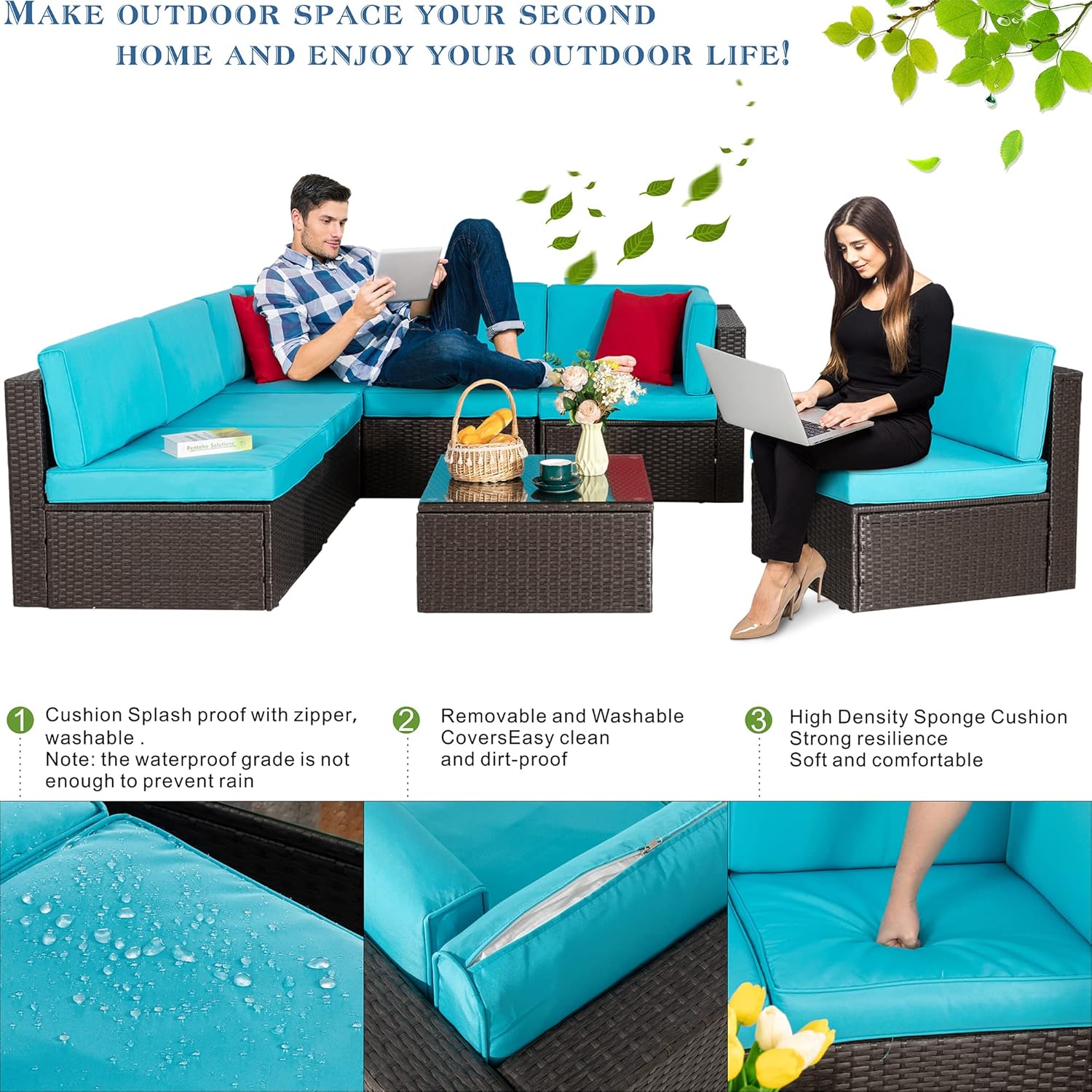 5-Piece All-Weather Patio Furniture Set with Ottoman, Outdoor Wicker Conversation Sofa Set with Cushions for Garden, Deck & Backyard - Image 50