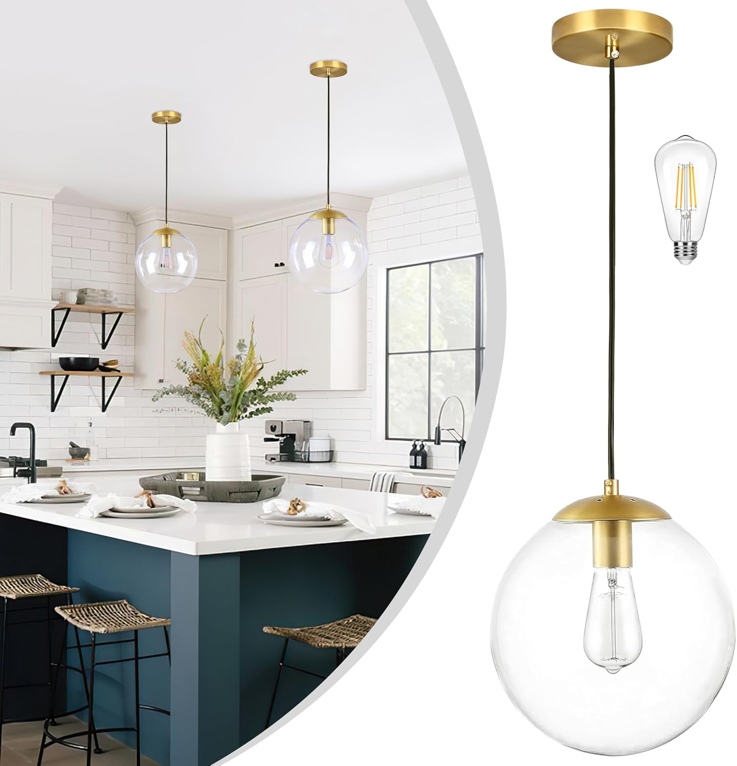 14" Gold Globe Pendant Light, Mid Century Pendant Light, Clear Glass Pendant Lights, Kitchen Island Adjustable Hanging Light Fixture for Dining Room, Bedroom, Kitchen Island - Image 12