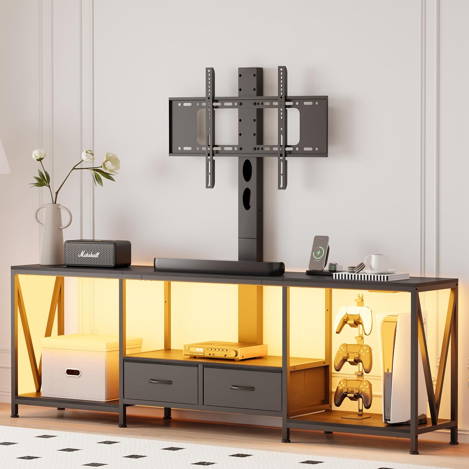 63" W TV Stand with Mount,LED & Charging Station for 55,65,75" TV - Image 3
