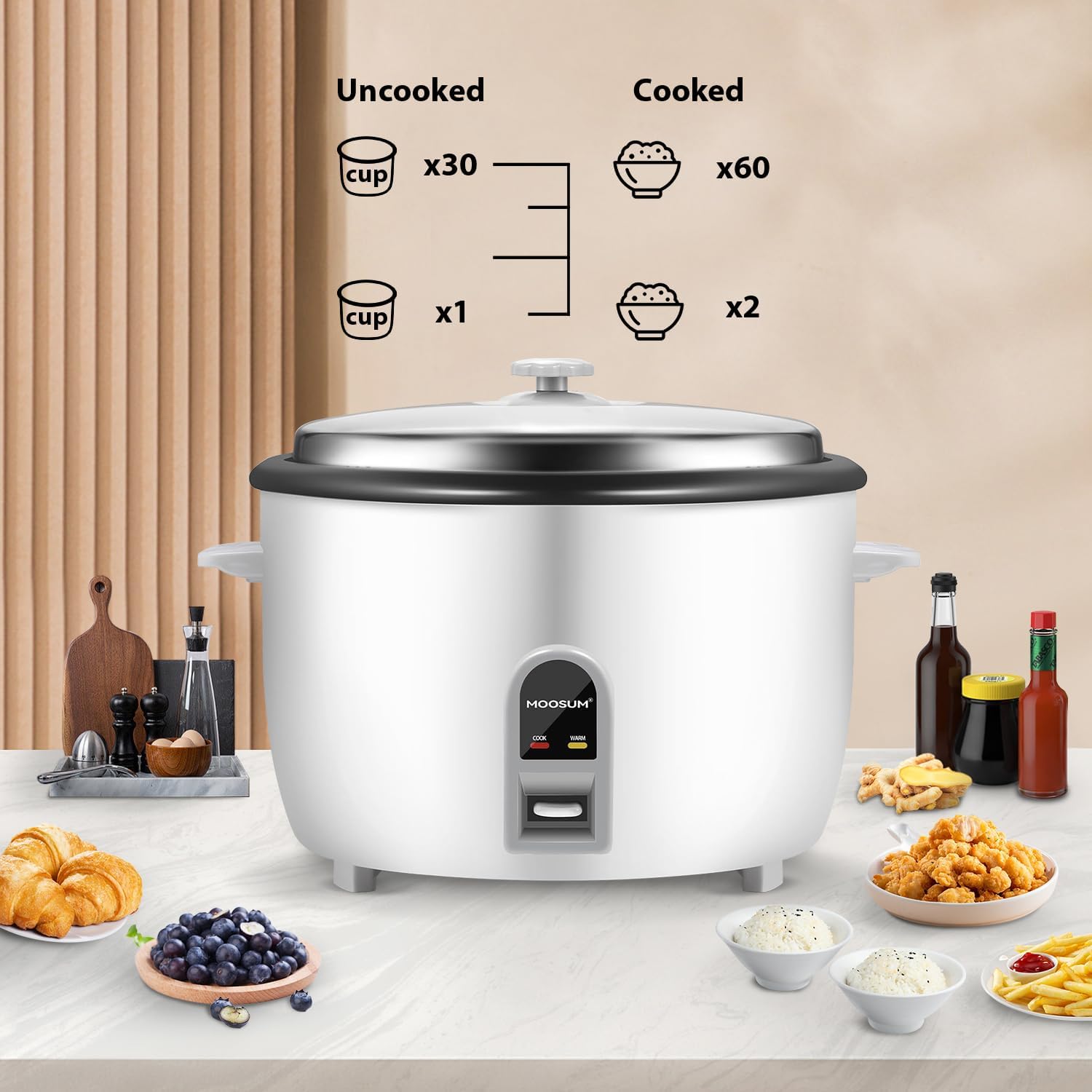 Commercial Rice Cooker, Large Capacity 30-Cup (UnCooked), 60-Cup (Cooked) with One Touch Operation and 12-Hour Keep Warm, Easy to Use and clean, 1600W, White - Image 5