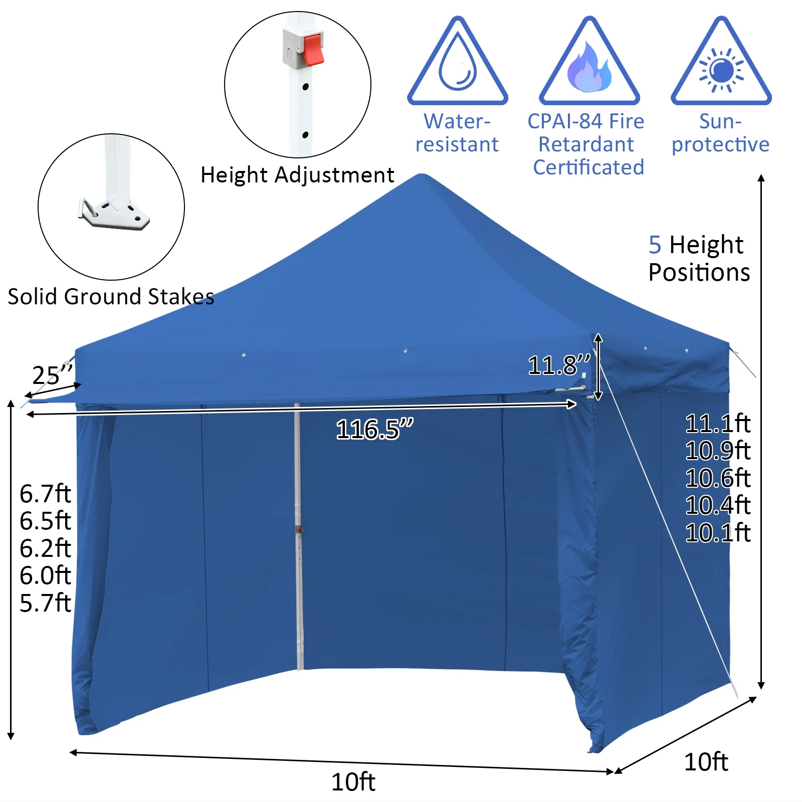 Patiojoy 10x10ft Pop up Tent, 4 Height Adjustment Folding Camping Tent with Awning Blue - Image 9